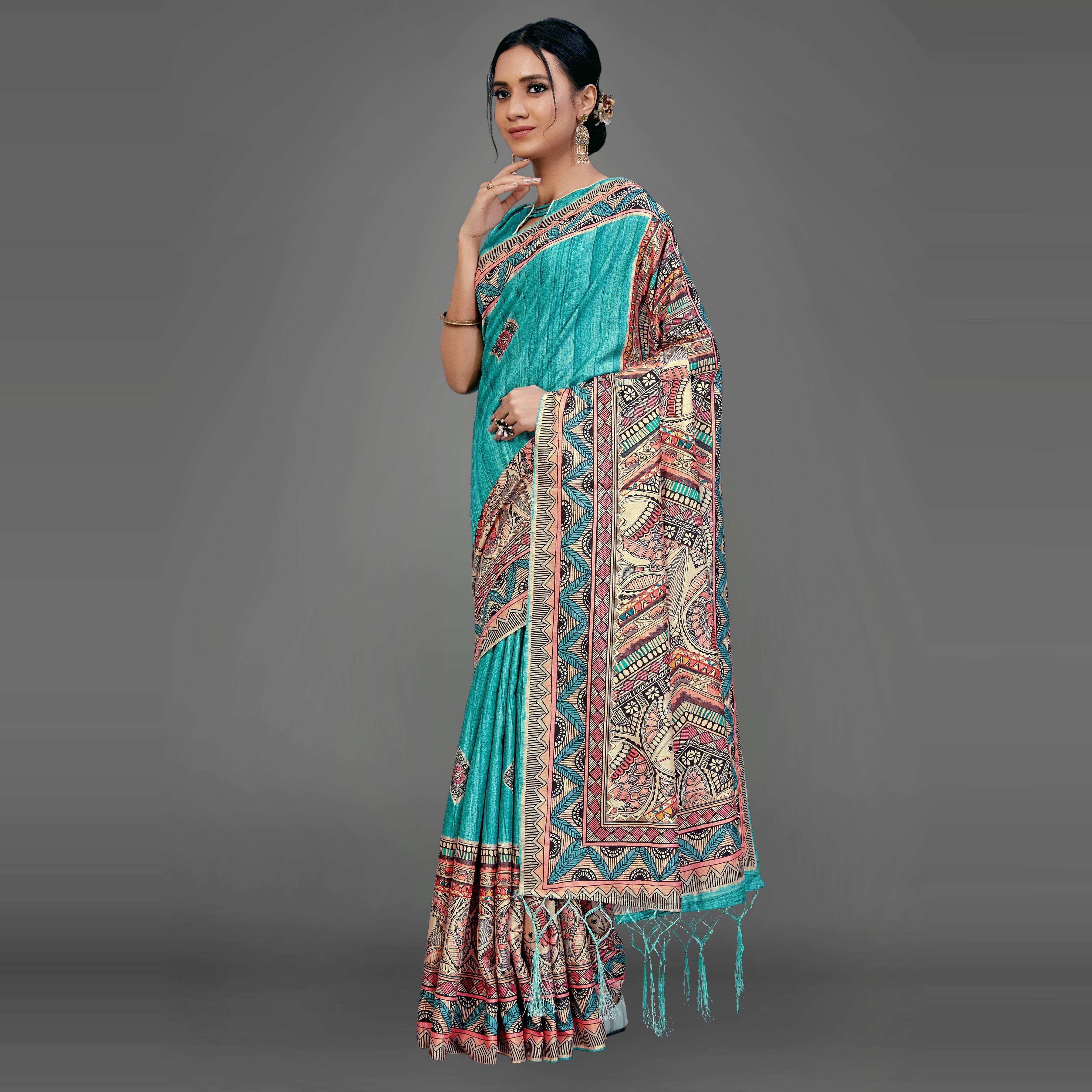 Sea Green Party Wear Silk Blend Animal Print Saree With Unstitched Blouse - Peachmode