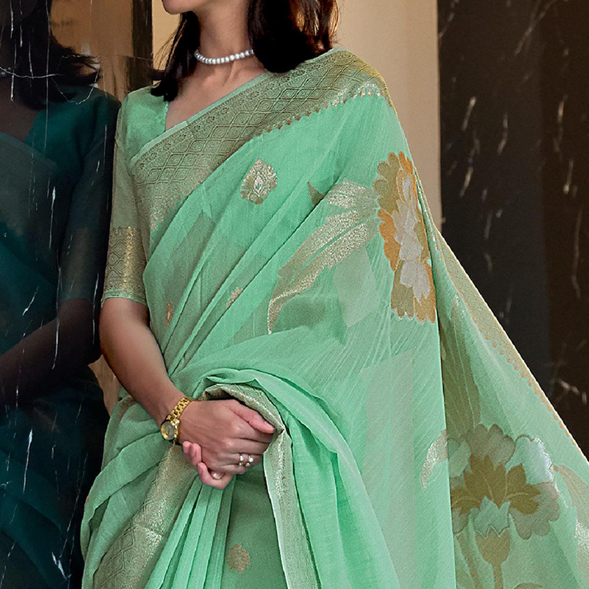 Sea Green Party Wear Woven Pure Linen Saree - Peachmode