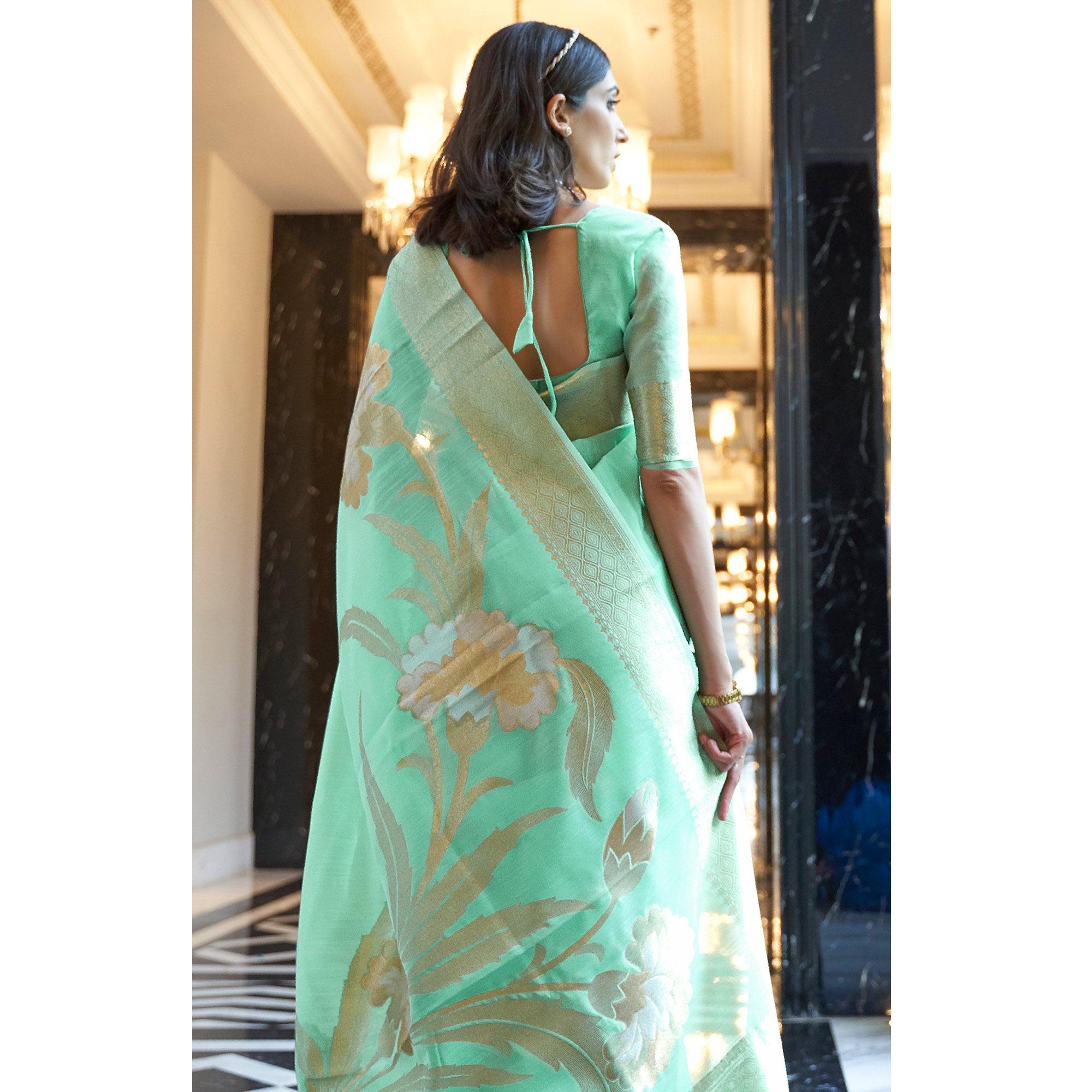 Sea Green Party Wear Woven Pure Linen Saree - Peachmode