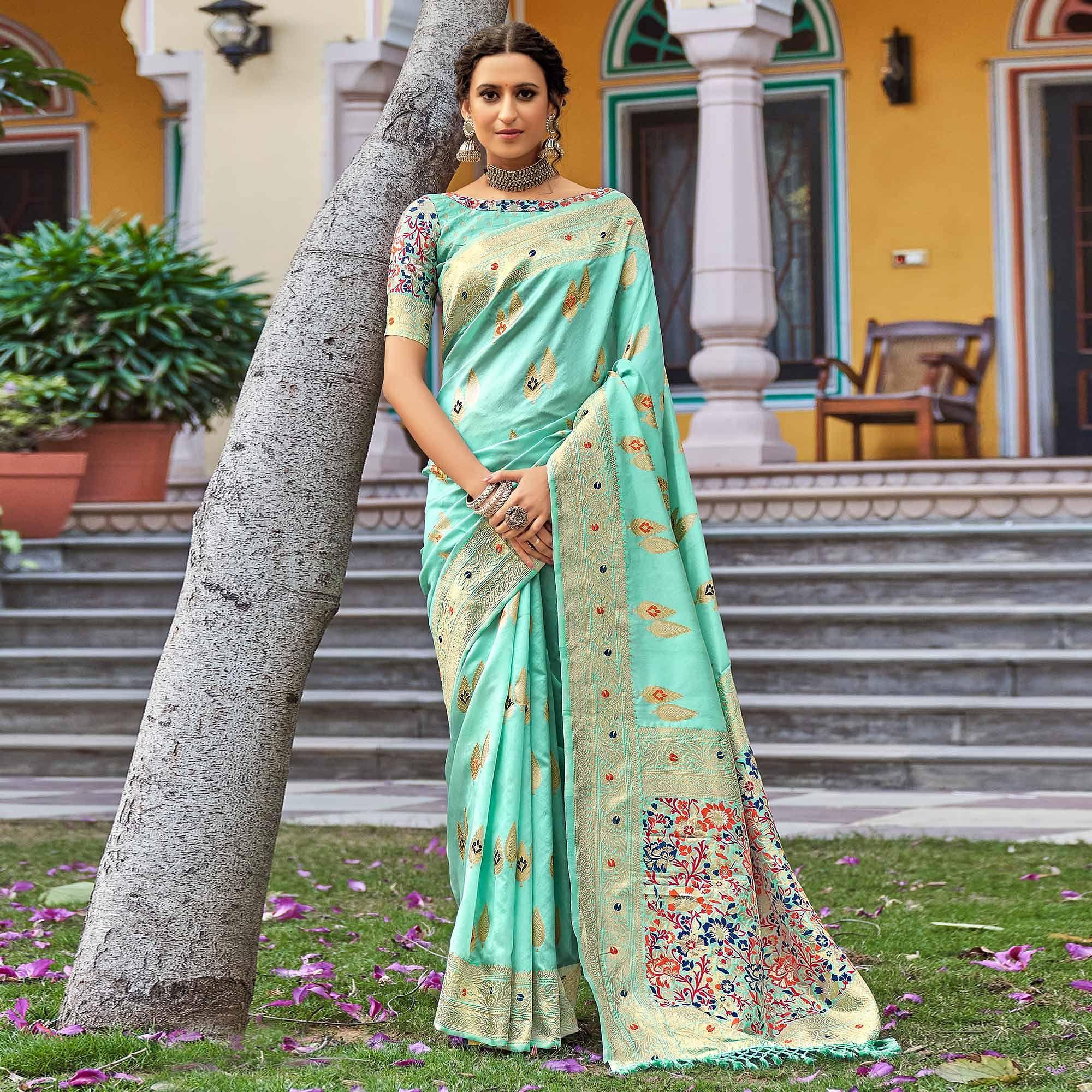 Sea Green Partywear Banarasi Woven Silk Saree with Kashmiri Pallu - Peachmode