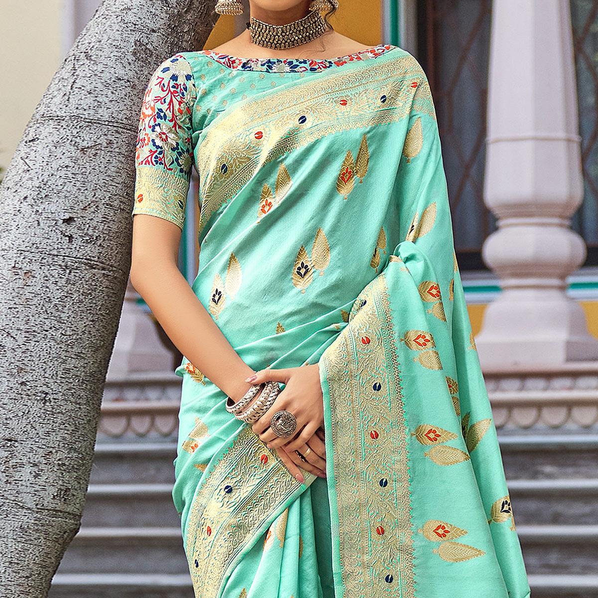 Sea Green Partywear Banarasi Woven Silk Saree with Kashmiri Pallu - Peachmode
