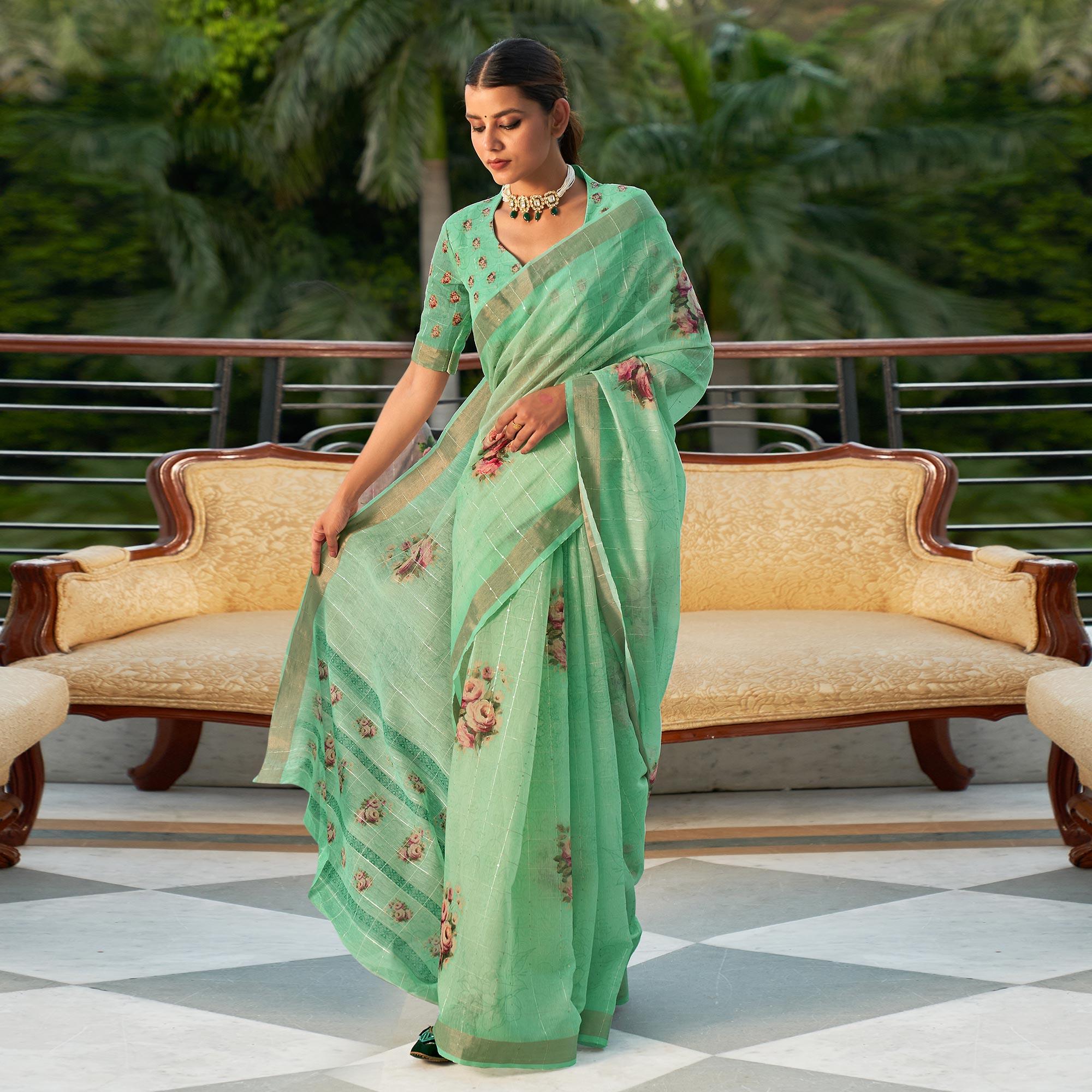 Sea Green Partywear Digital Printed & Sequence Woven Pure Linen Saree - Peachmode