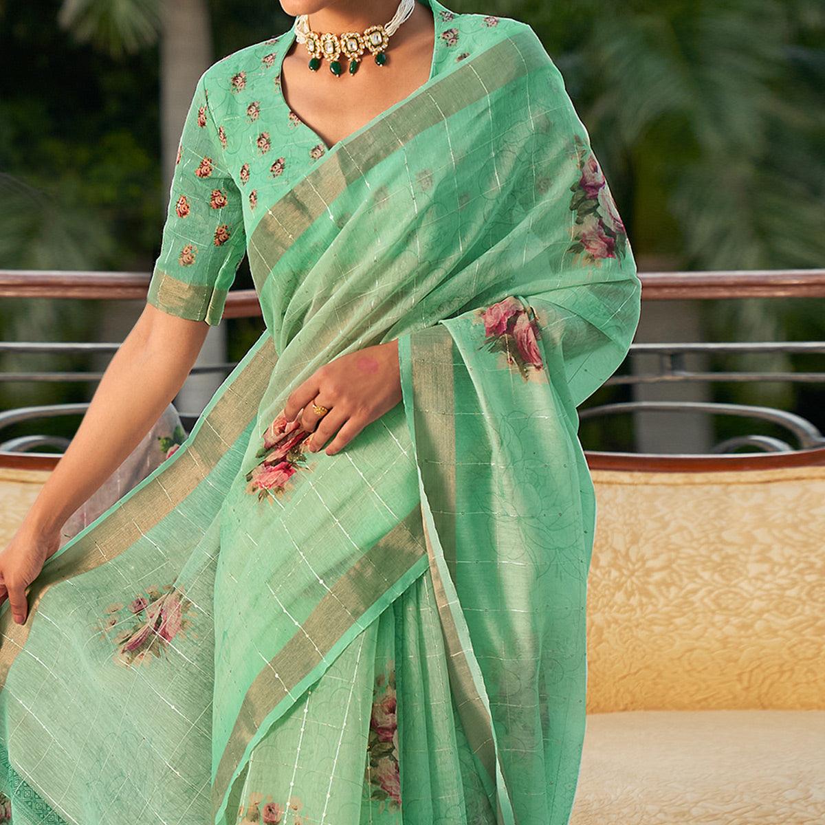 Sea Green Partywear Digital Printed & Sequence Woven Pure Linen Saree - Peachmode