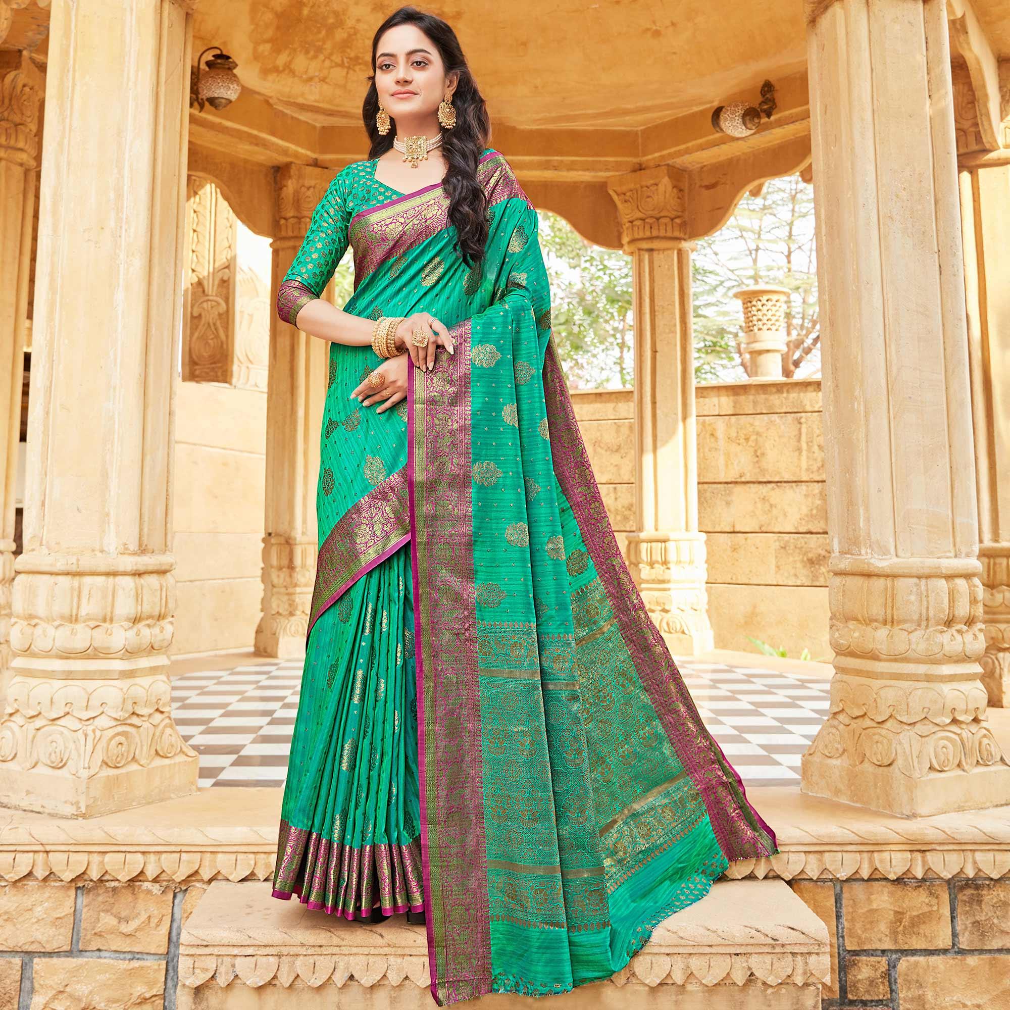 Sea Green Partywear Embroidered Designer Geometric Silk Saree - Peachmode