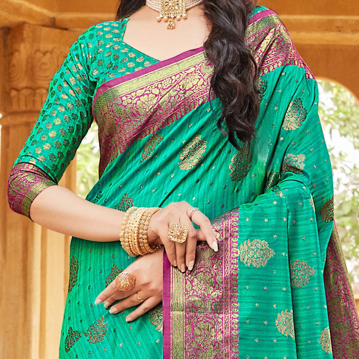 Sea Green Partywear Embroidered Designer Geometric Silk Saree - Peachmode