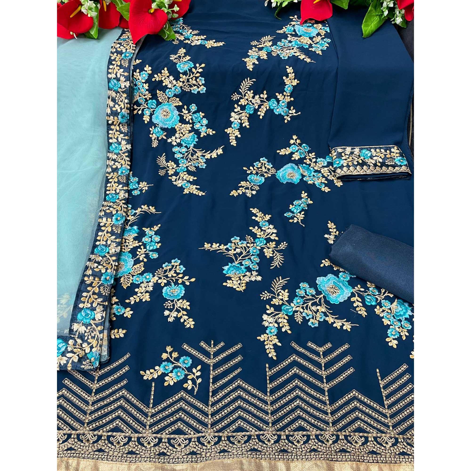 Sea Green Partywear Embroidered Faux Georgette Salwar Suit - Peachmode