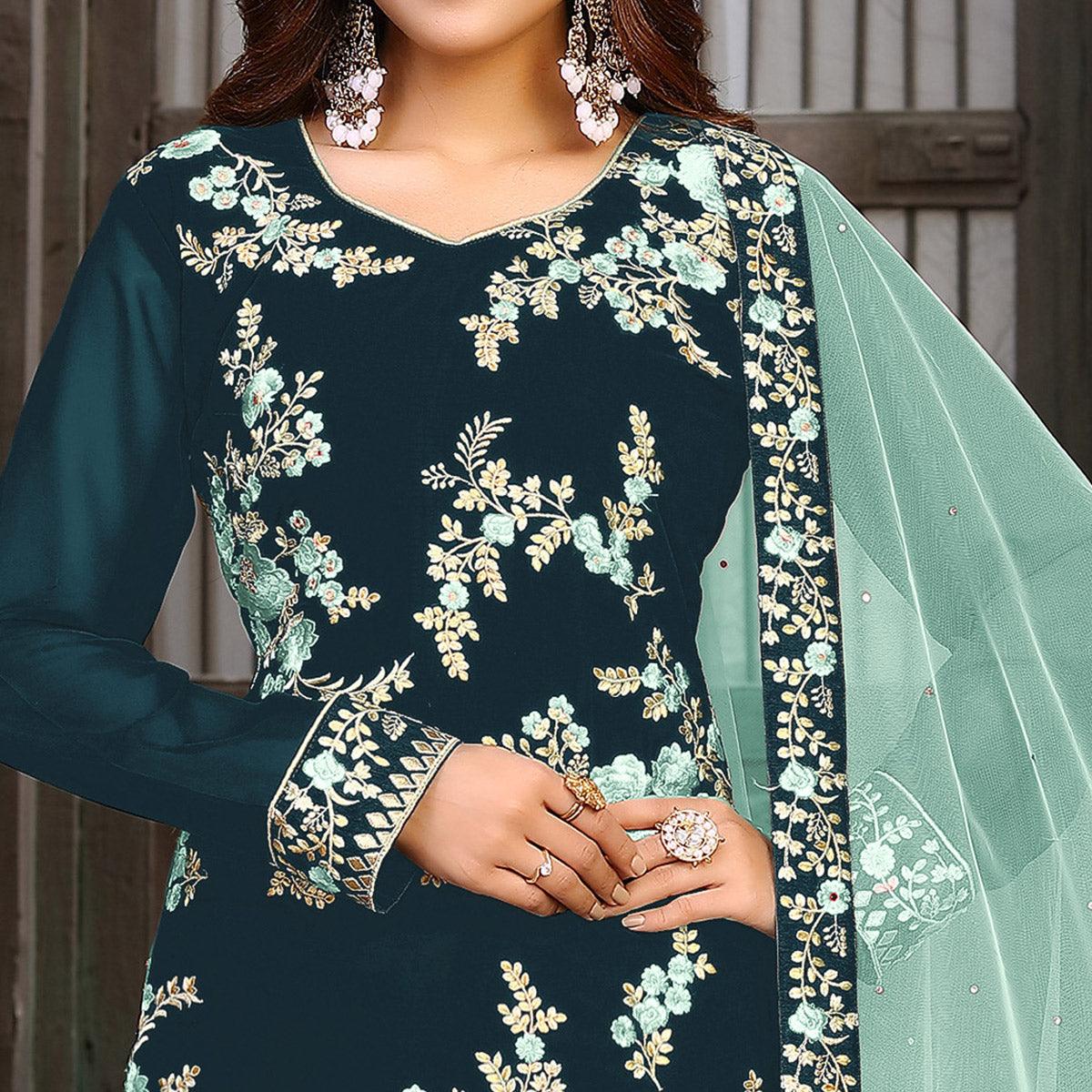 Sea Green Partywear Embroidered Faux Georgette Salwar Suit - Peachmode
