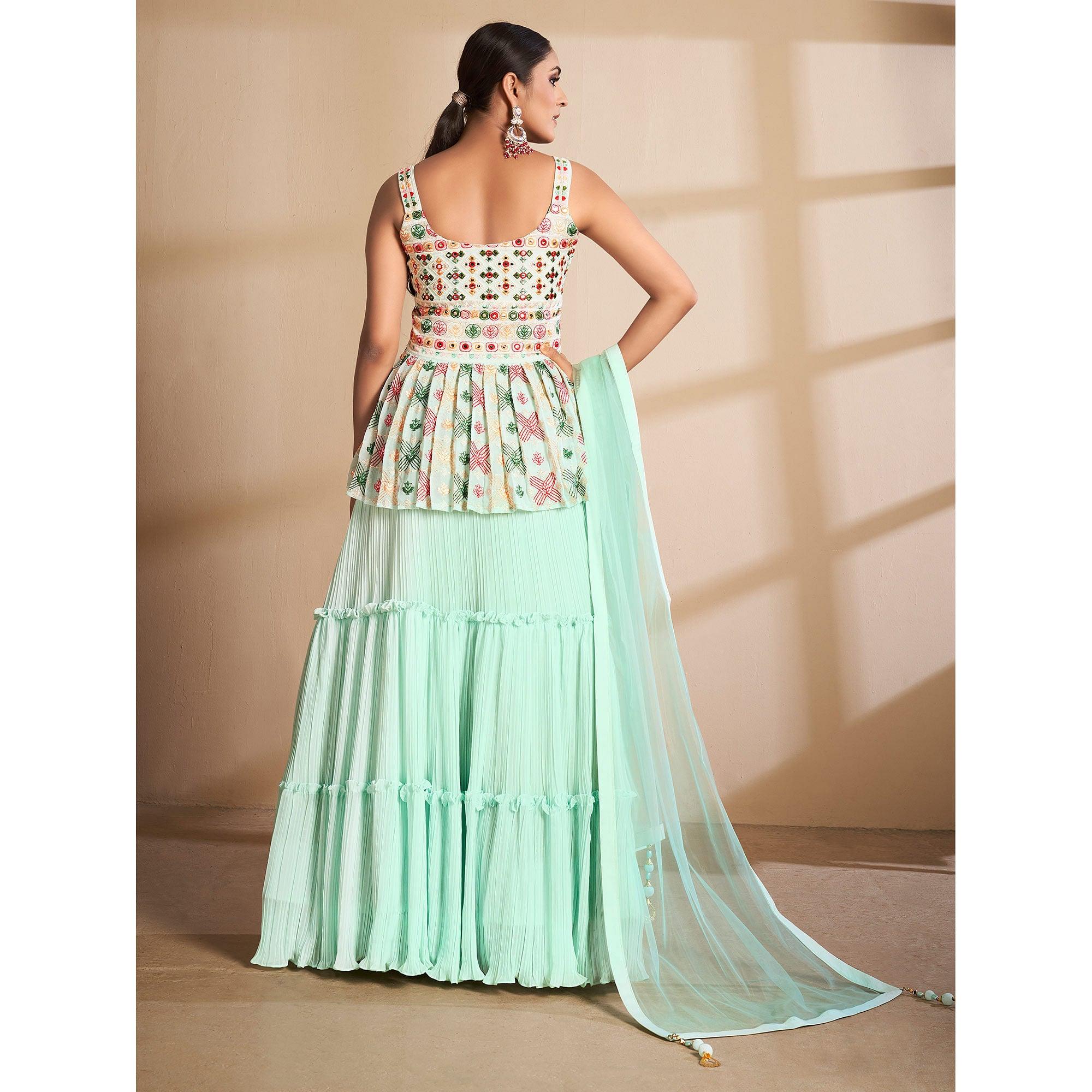 Sea Green Partywear Embroidered Georgette Sharara Suit - Peachmode