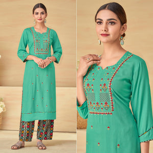 Sea Green Partywear Embroidered Rayon Kurti Palazzo Set - Peachmode