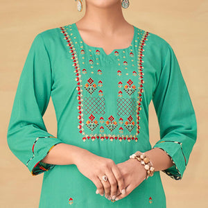 Sea Green Partywear Embroidered Rayon Kurti Palazzo Set - Peachmode