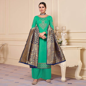 Sea Green Partywear Embroidered Rayon Palazzo Suit - Peachmode