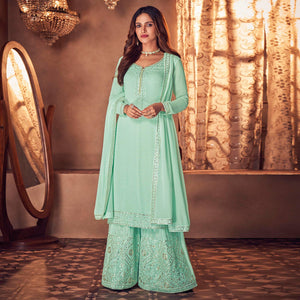 Sea Green Partywear Embroidered Real Georgette Palazzo Suit - Peachmode
