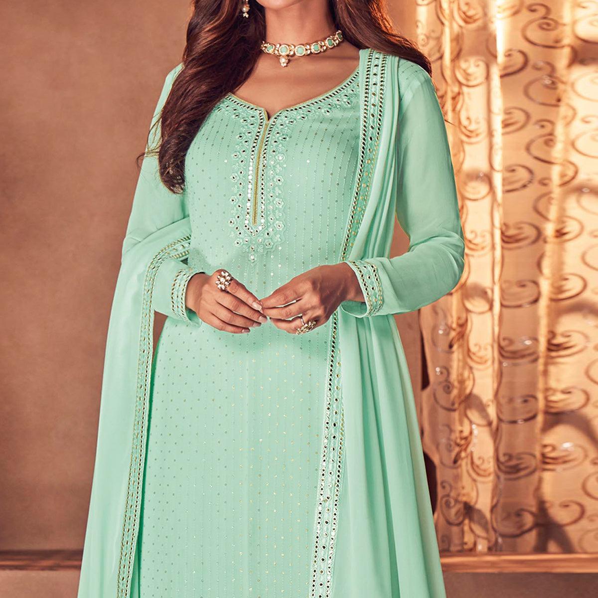 Sea Green Partywear Embroidered Real Georgette Palazzo Suit - Peachmode