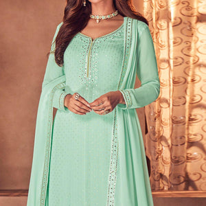 Sea Green Partywear Embroidered Real Georgette Palazzo Suit - Peachmode