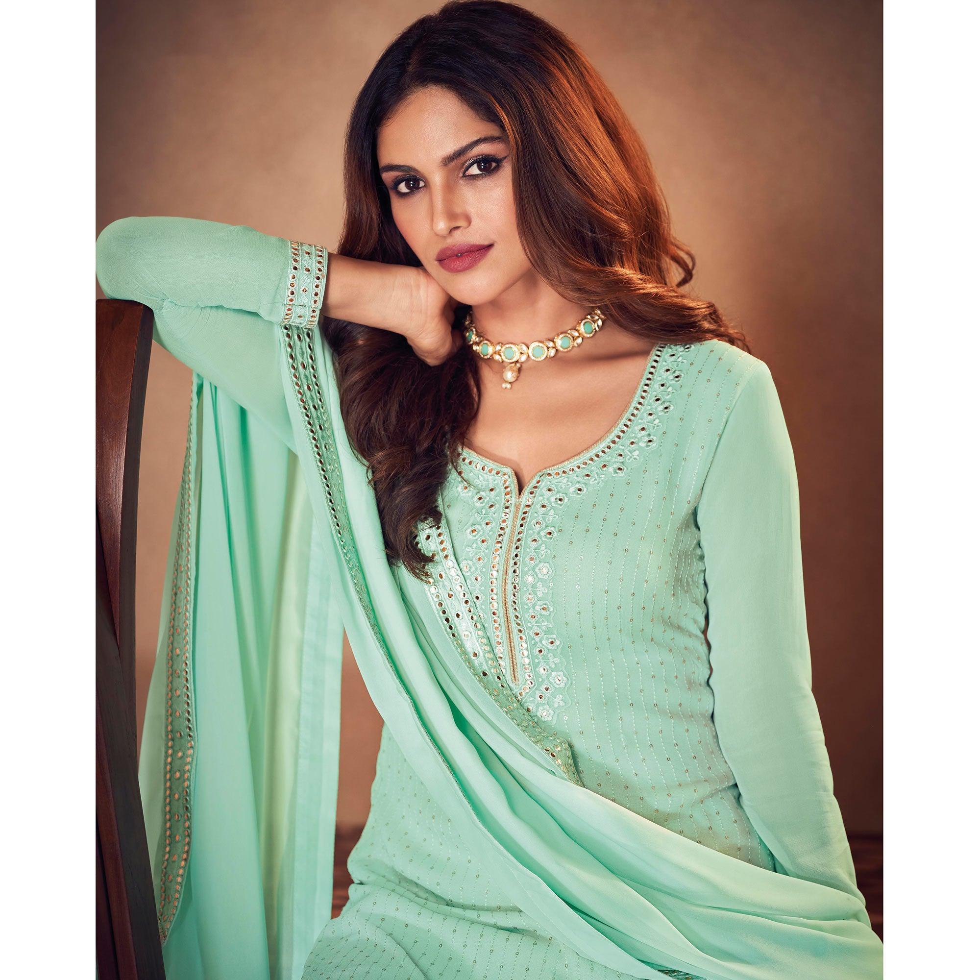 Sea Green Partywear Embroidered Real Georgette Palazzo Suit - Peachmode