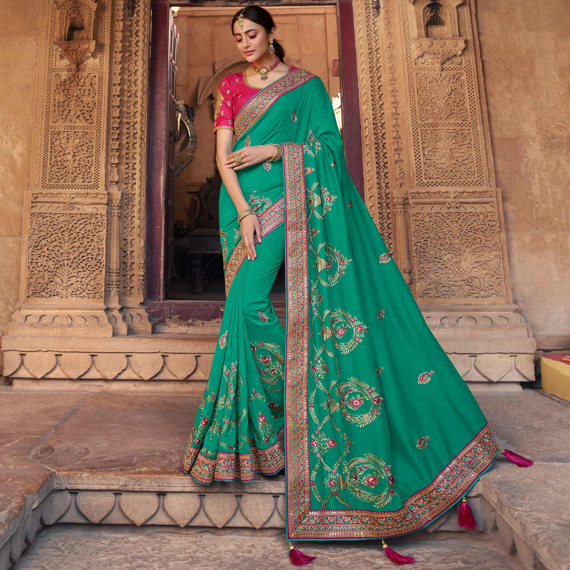 Sea Green Partywear Embroidered Silk Saree - Peachmode