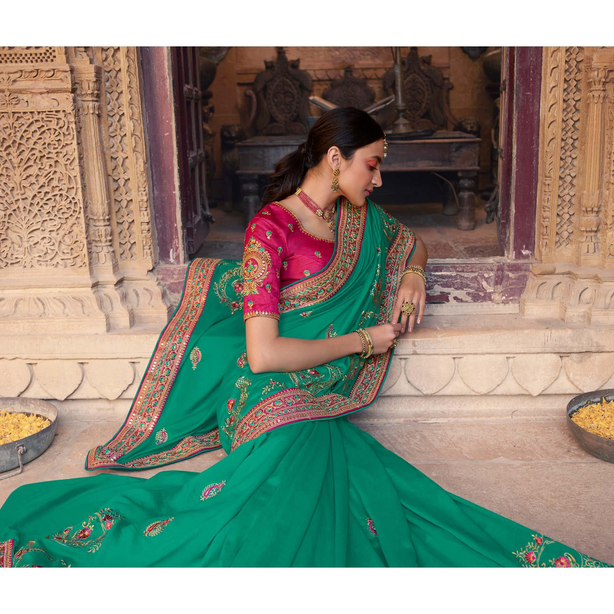 Sea Green Partywear Embroidered Silk Saree - Peachmode