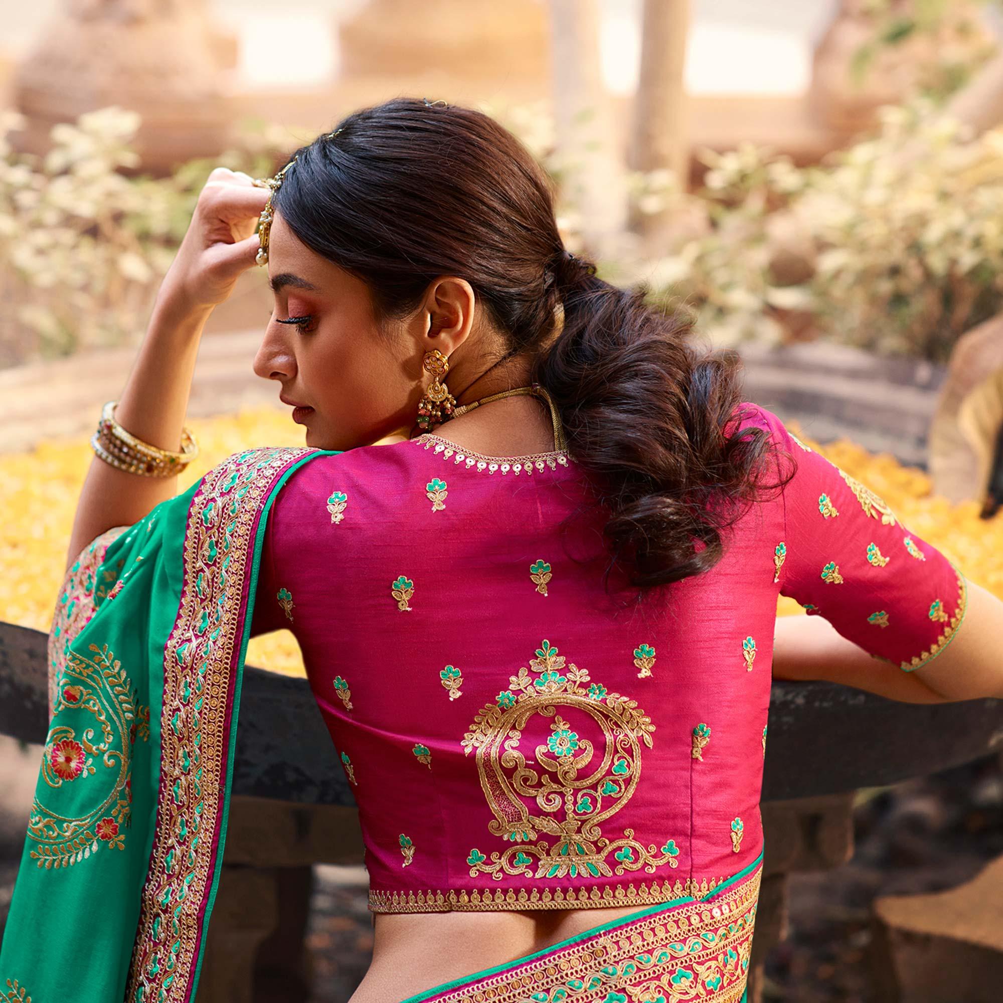 Sea Green Partywear Embroidered Silk Saree - Peachmode