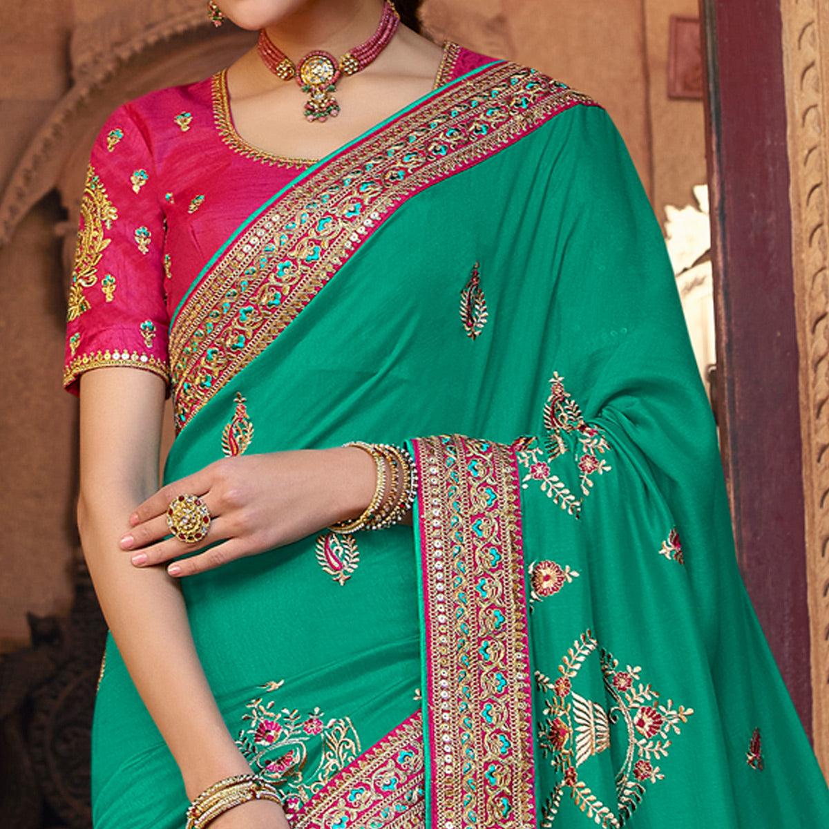 Sea Green Partywear Embroidered Silk Saree - Peachmode