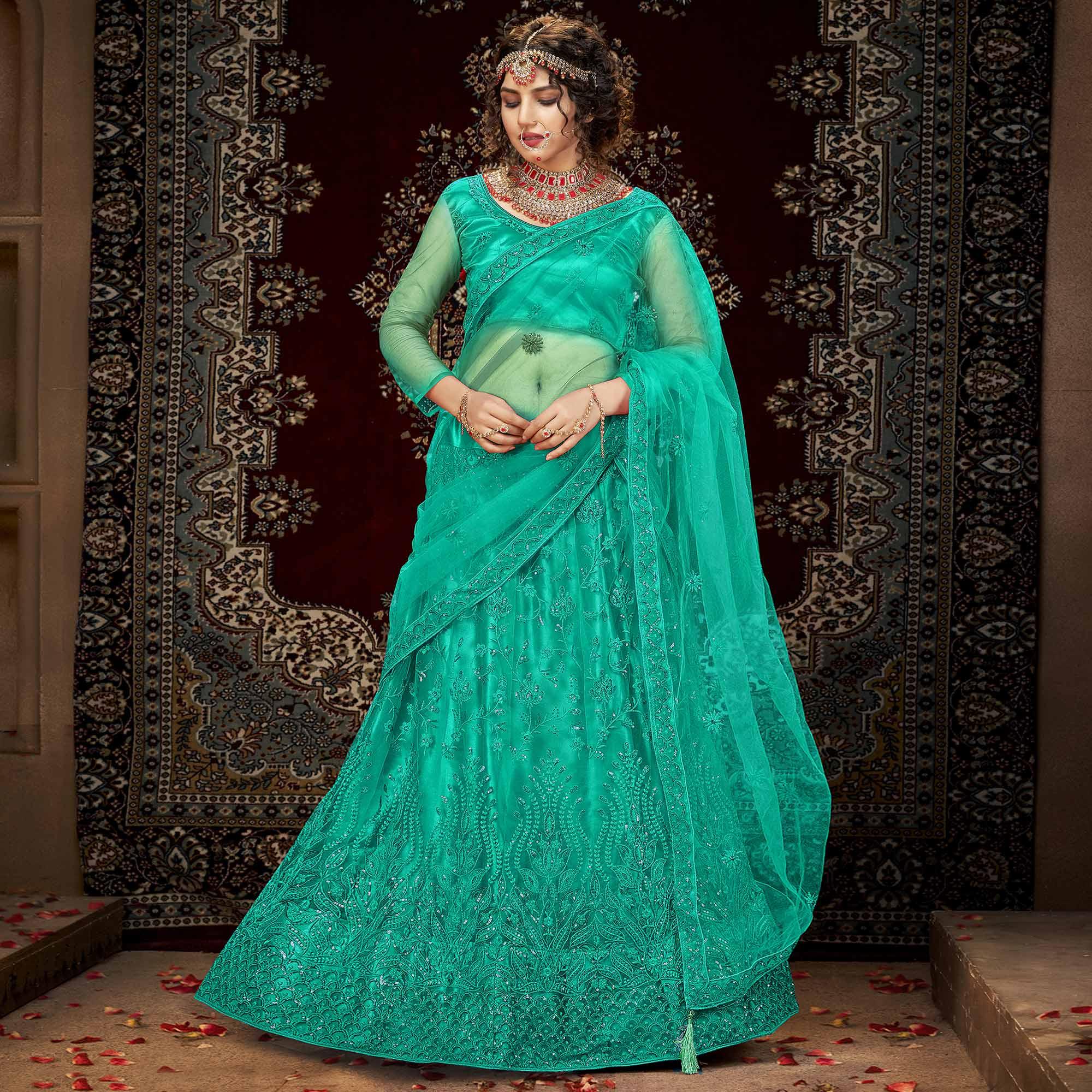 Sea Green Partywear Multi Sequence Embroidered Net Lehenga Choli - Peachmode