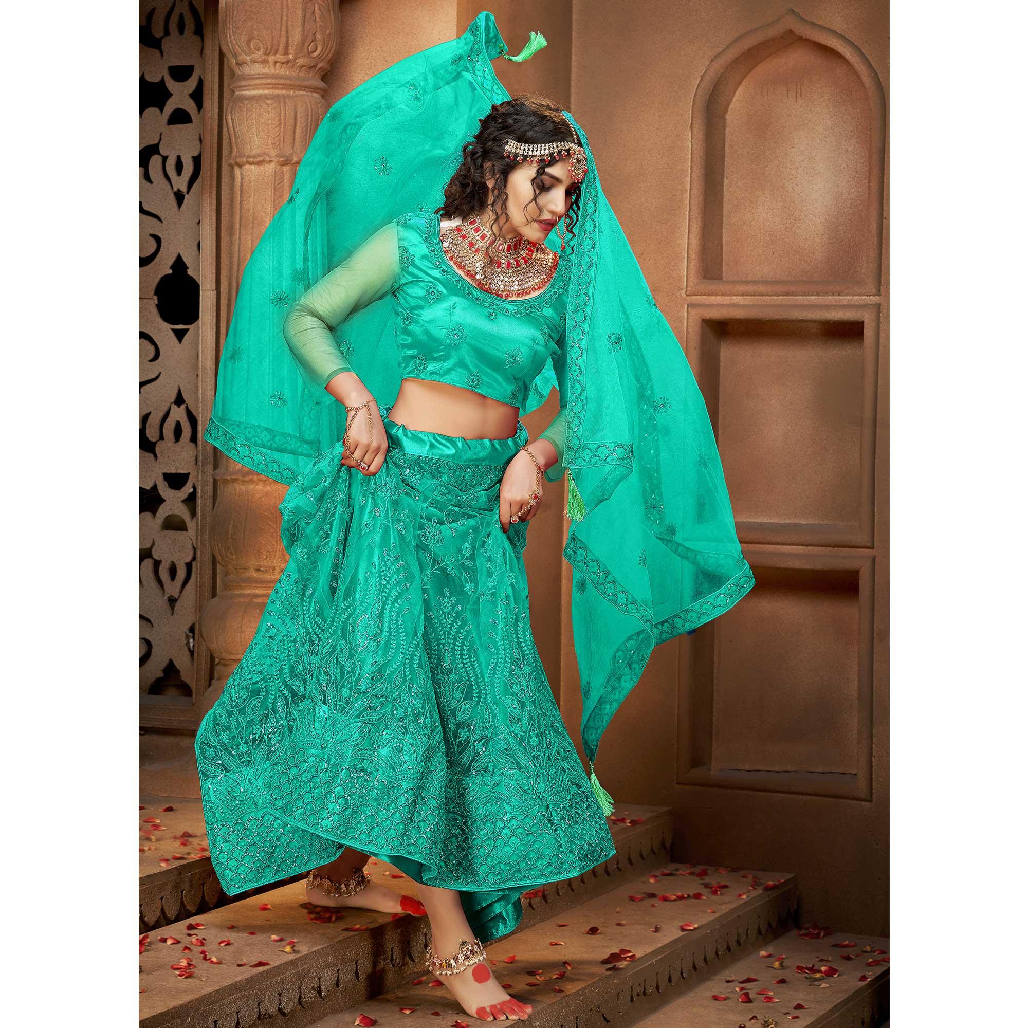 Sea Green Partywear Multi Sequence Embroidered Net Lehenga Choli - Peachmode