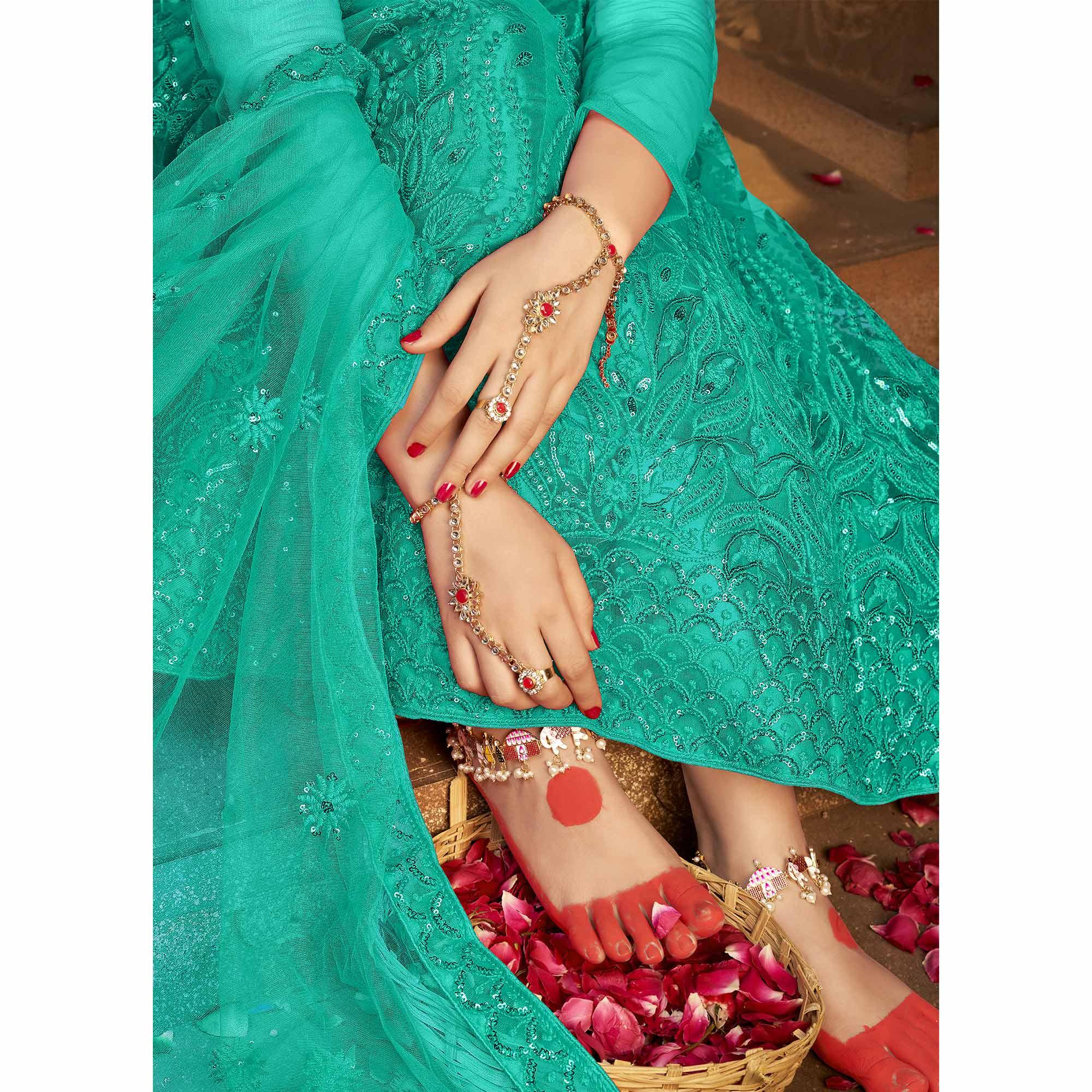 Sea Green Partywear Multi Sequence Embroidered Net Lehenga Choli - Peachmode