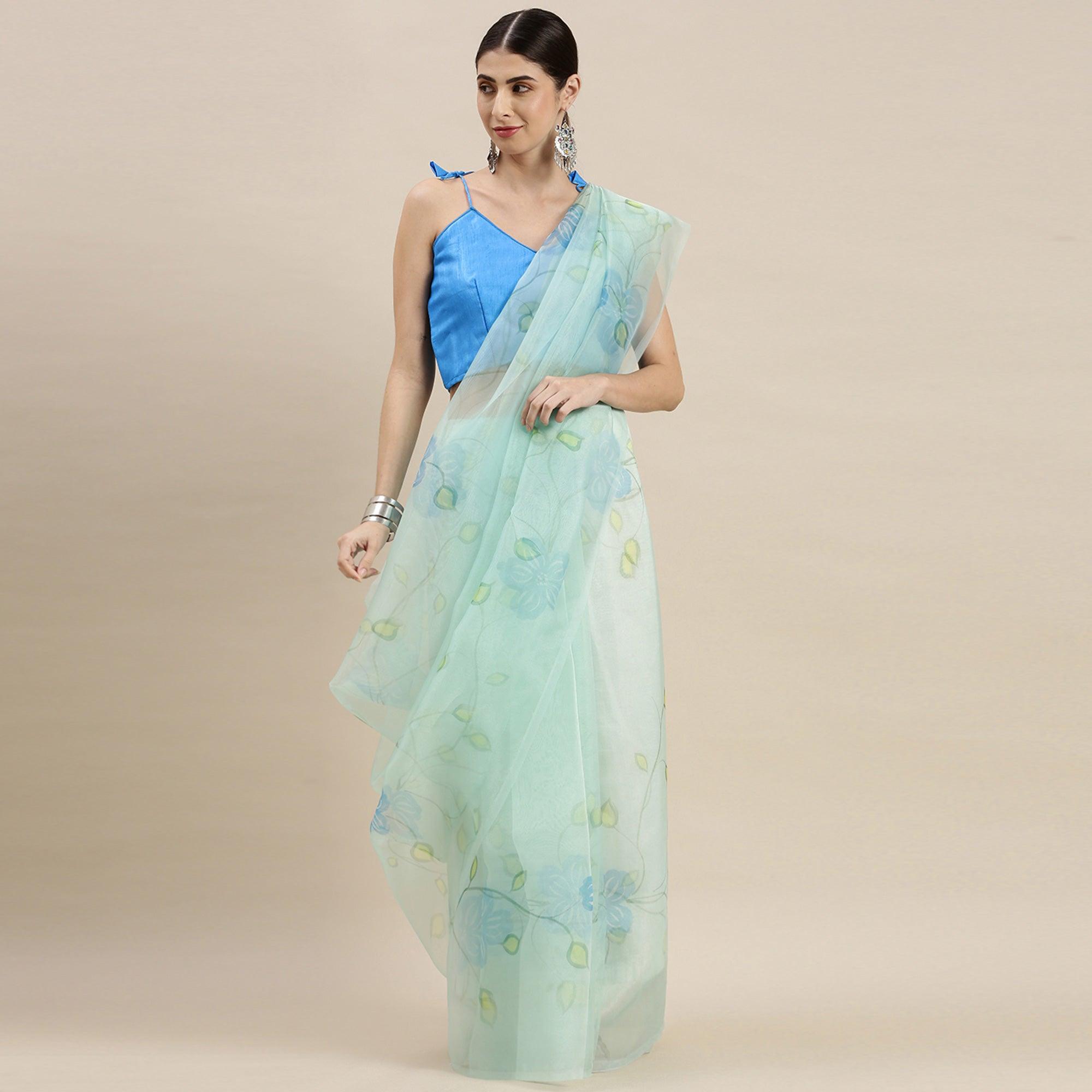 Sea Green Partywear Printed Organza Saree - Peachmode