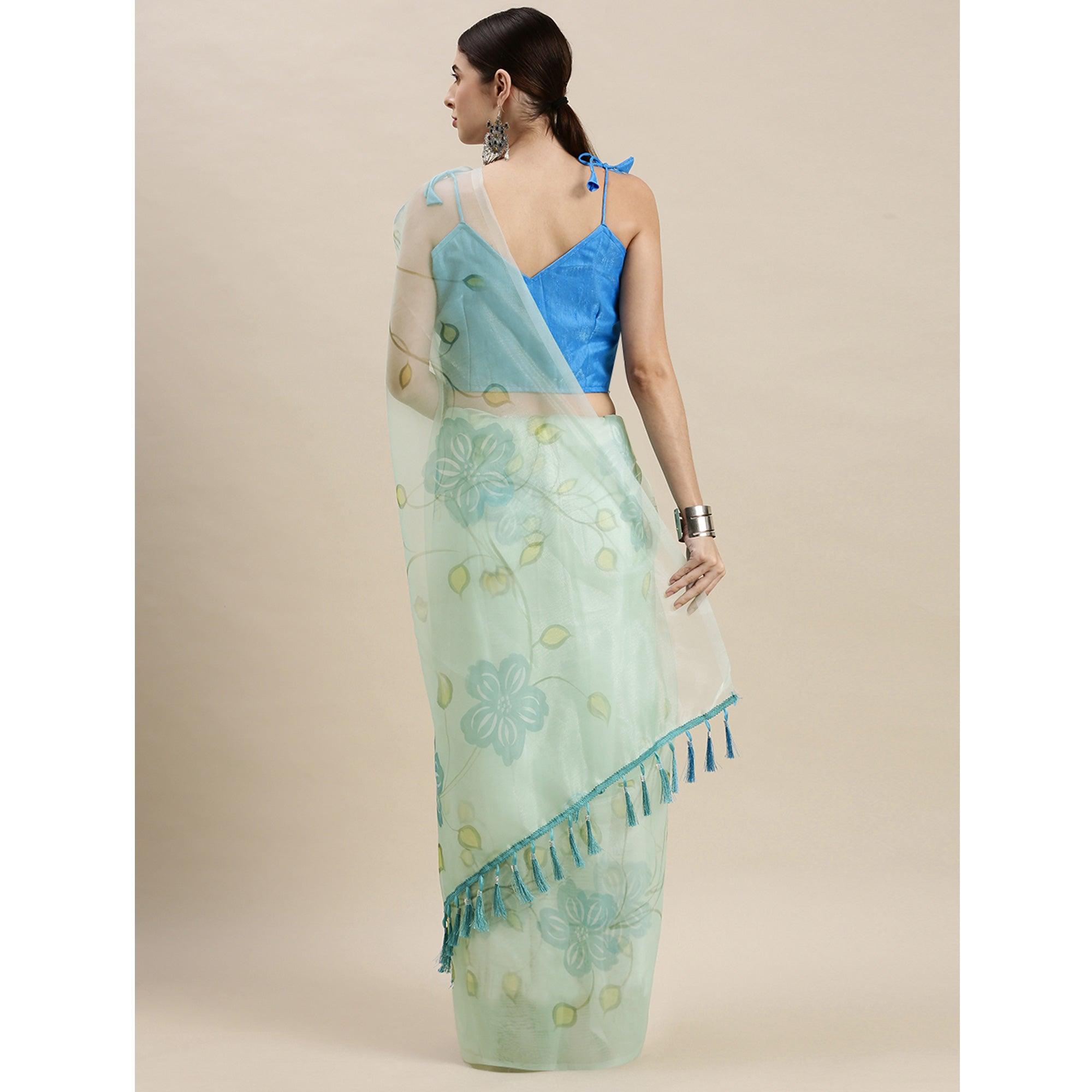 Sea Green Partywear Printed Organza Saree - Peachmode
