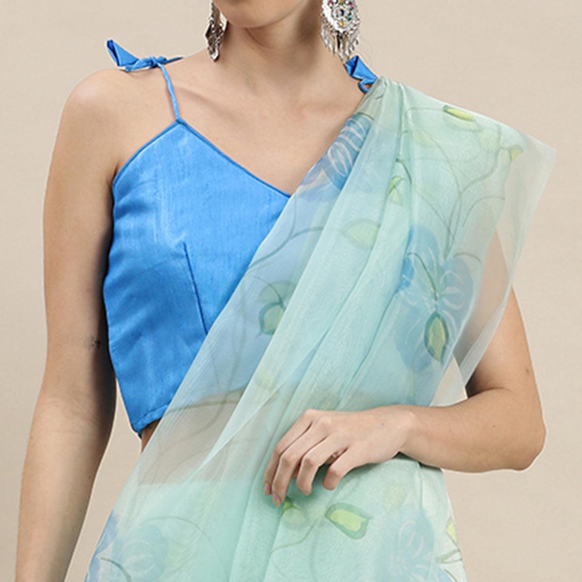 Sea Green Partywear Printed Organza Saree - Peachmode