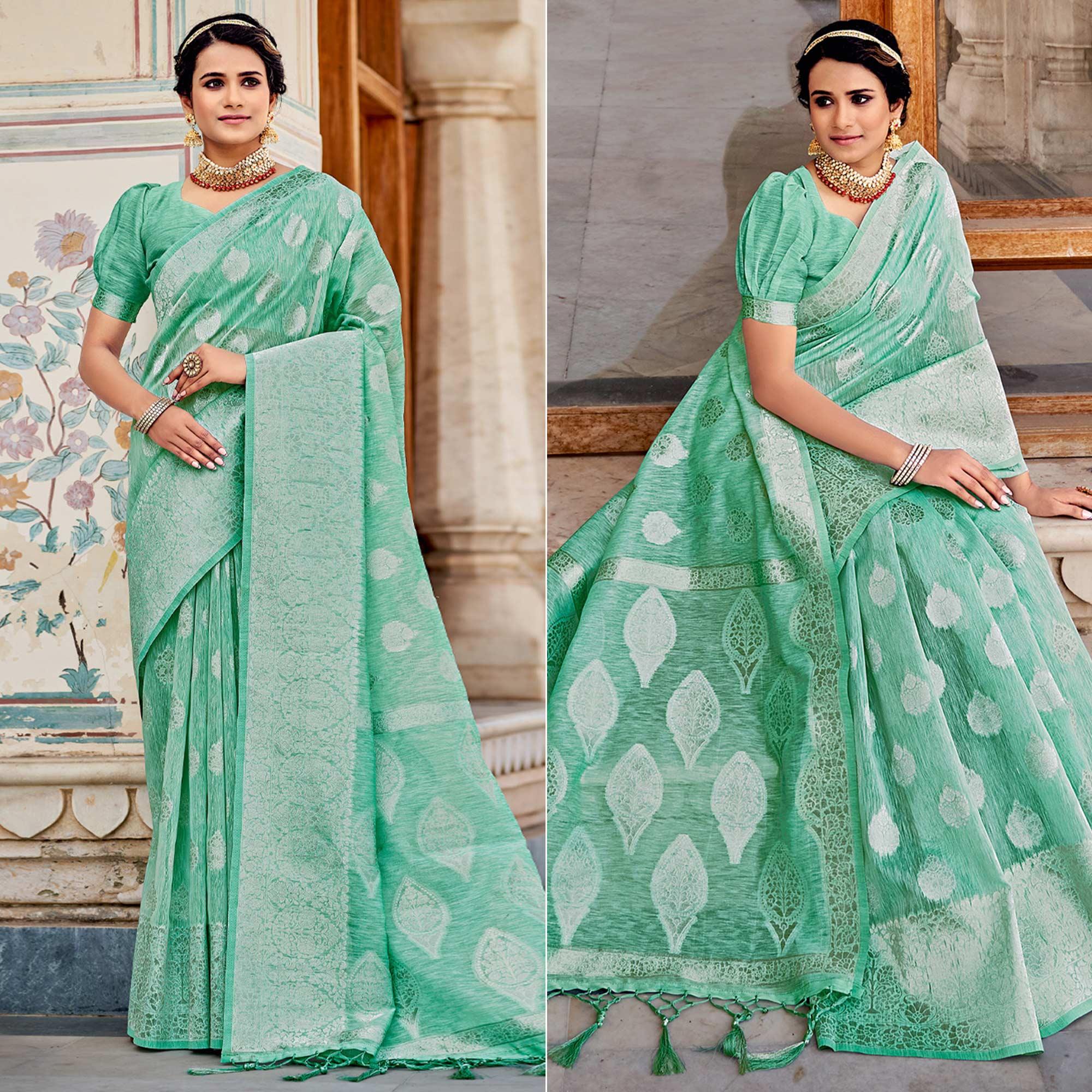 Sea Green Partywear Silver Zari Work Linen Saree - Peachmode