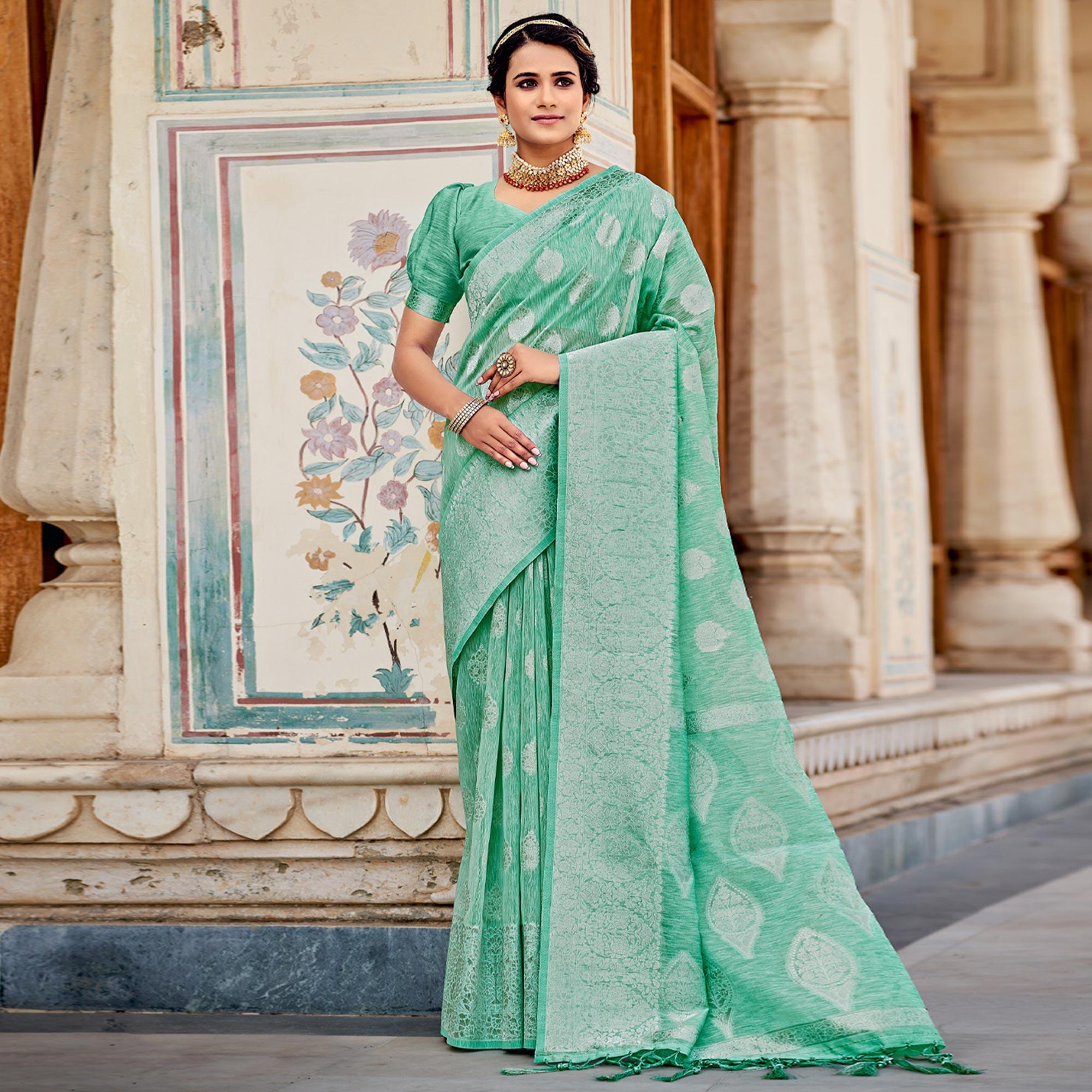 Sea Green Partywear Silver Zari Work Linen Saree - Peachmode