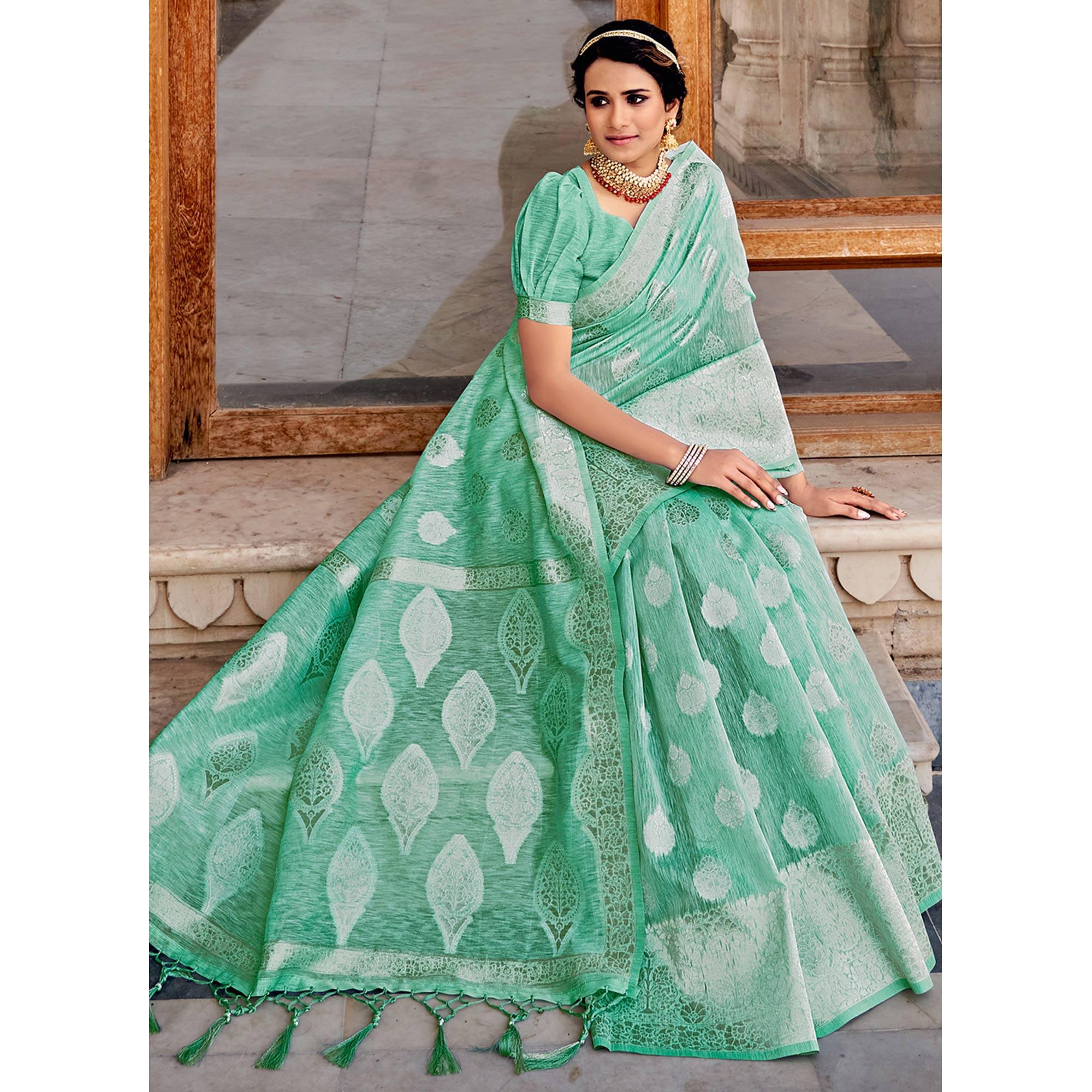 Sea Green Partywear Silver Zari Work Linen Saree - Peachmode