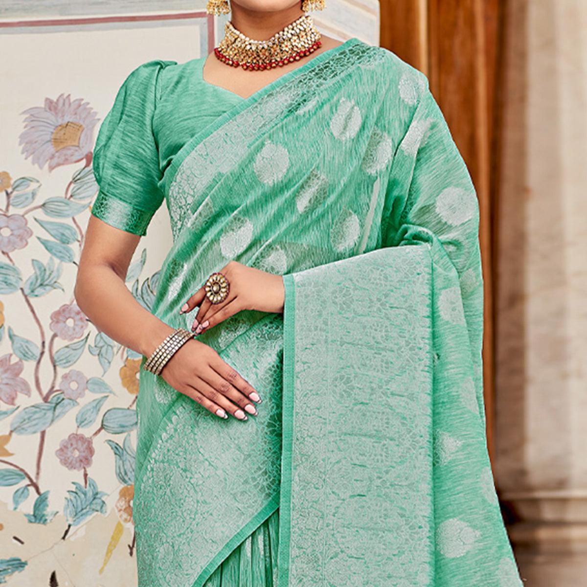 Sea Green Partywear Silver Zari Work Linen Saree - Peachmode
