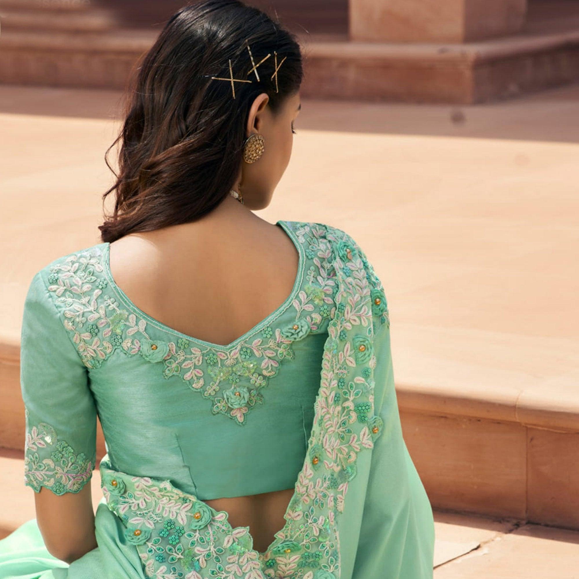 Sea Green Partywear Super Coat & Embroidered Sunshine Silk Saree - Peachmode