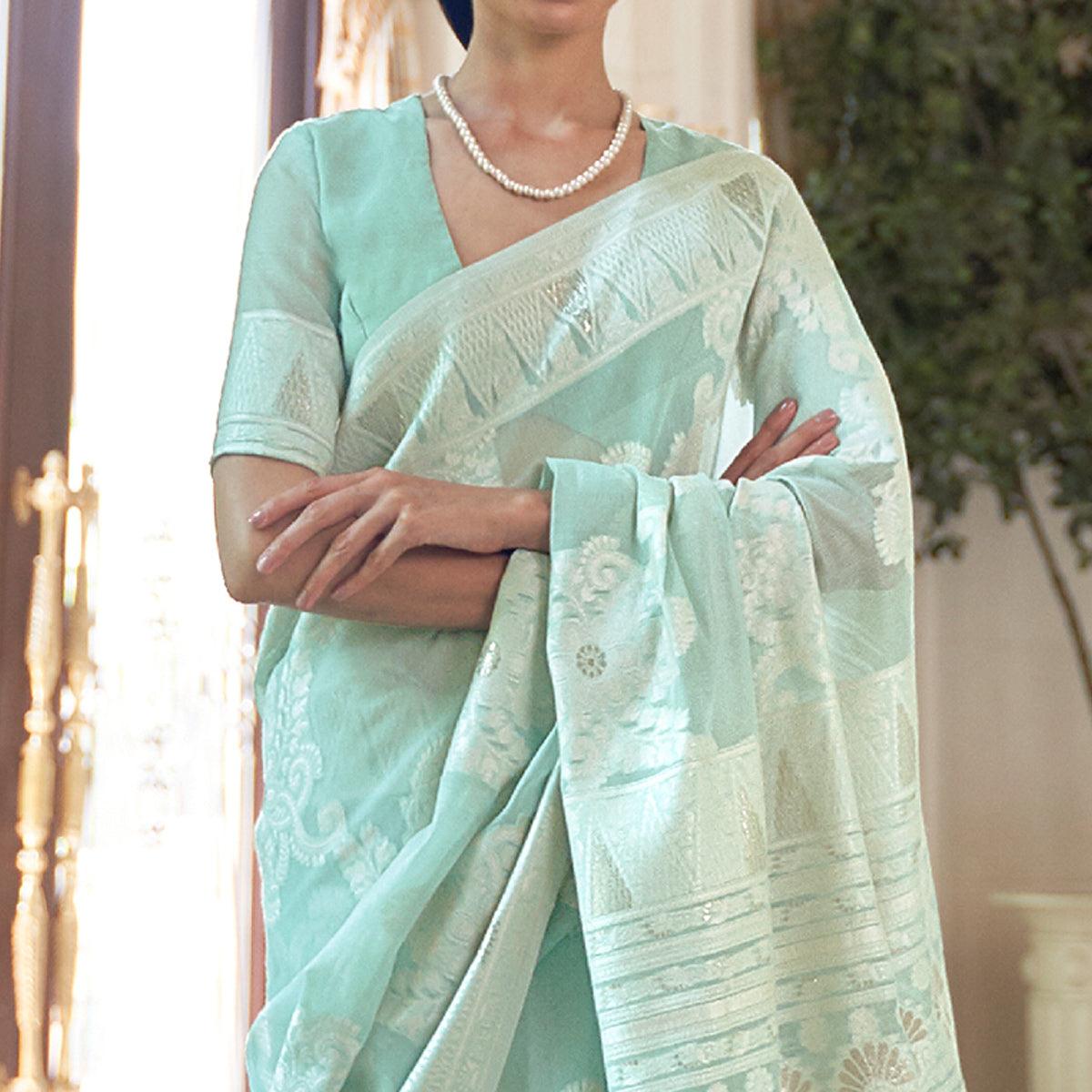 Sea Green Partywear Woven Chanderi Saree - Peachmode