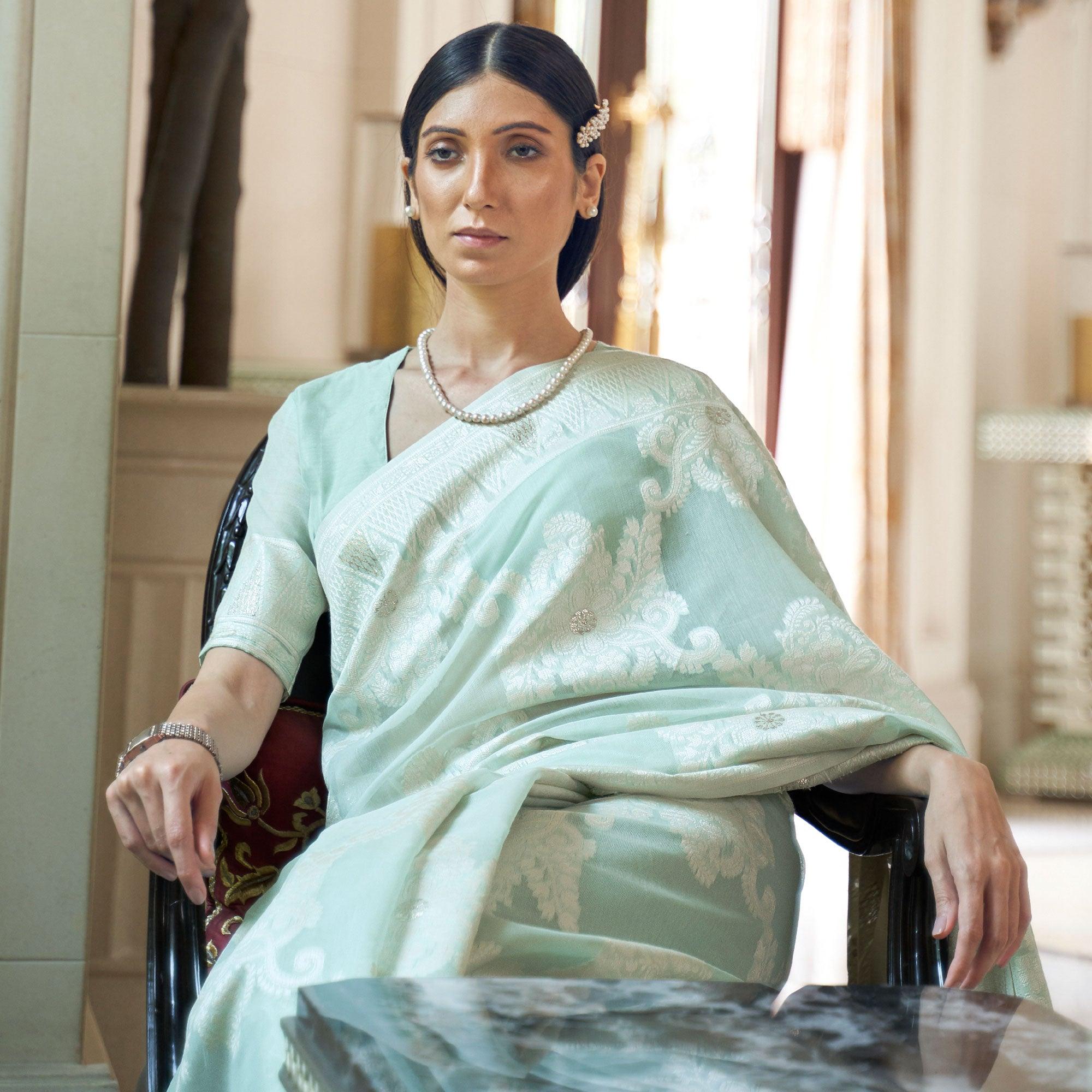Sea Green Partywear Woven Chanderi Saree - Peachmode