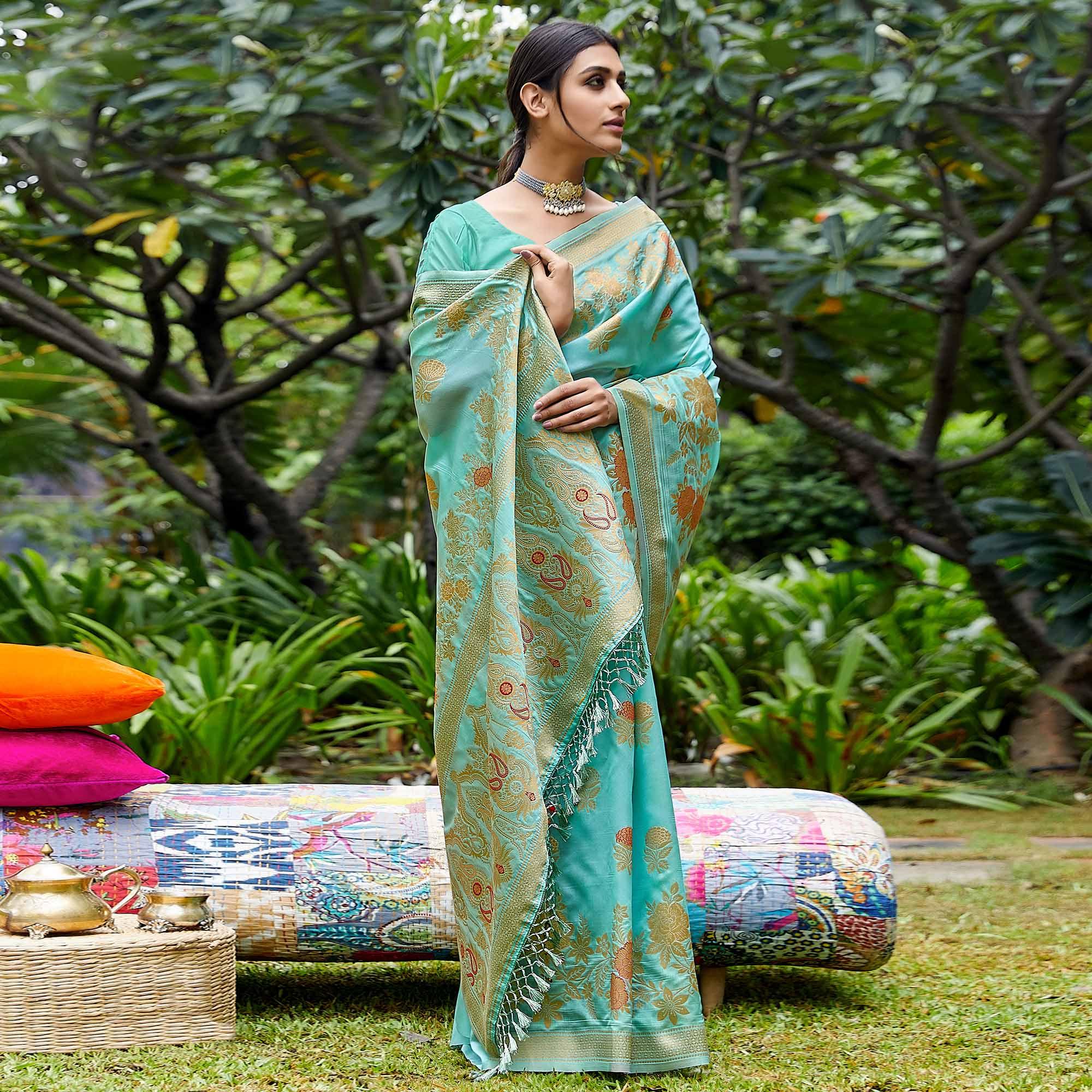 Sea Green Partywear Woven Silk Saree - Peachmode