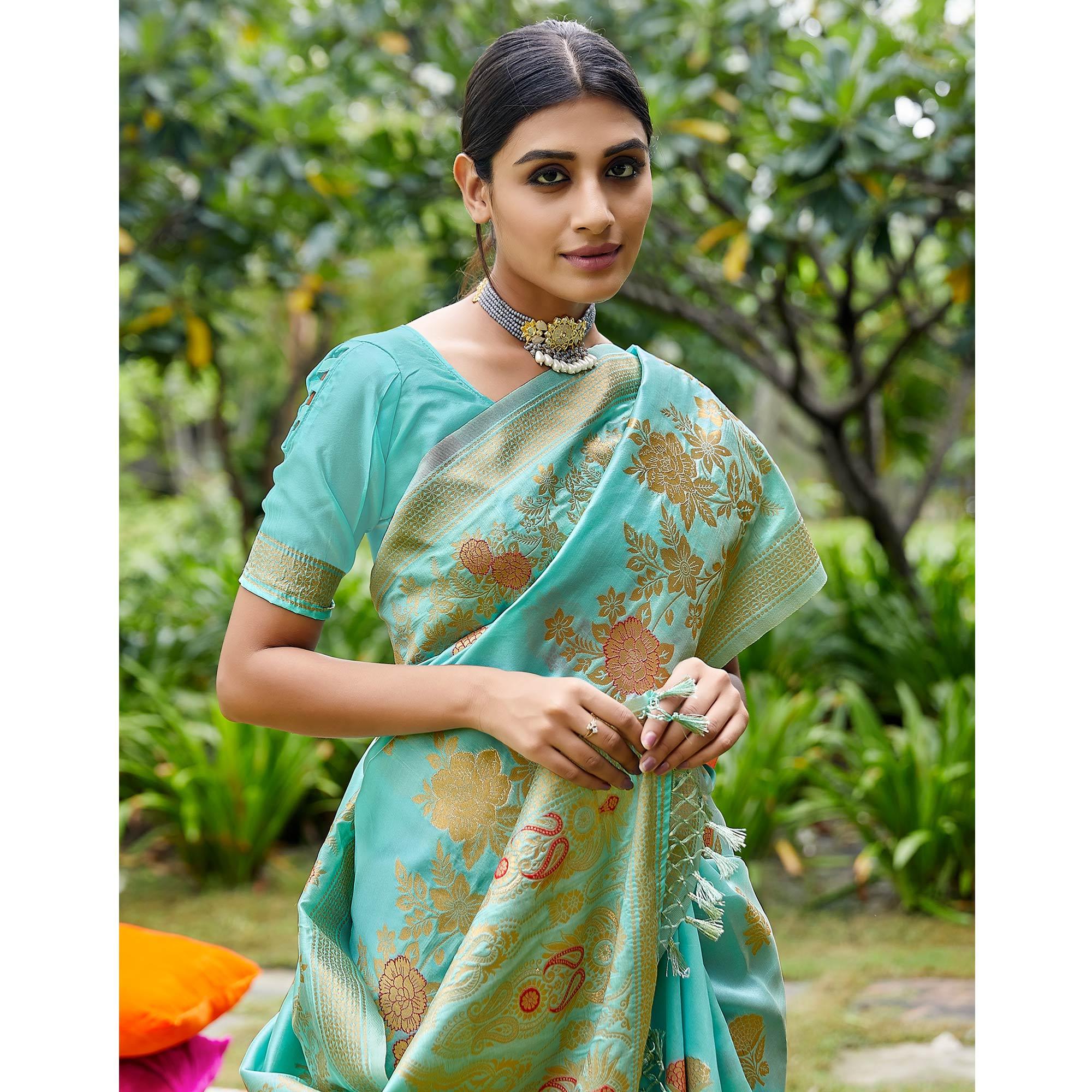 Sea Green Partywear Woven Silk Saree - Peachmode
