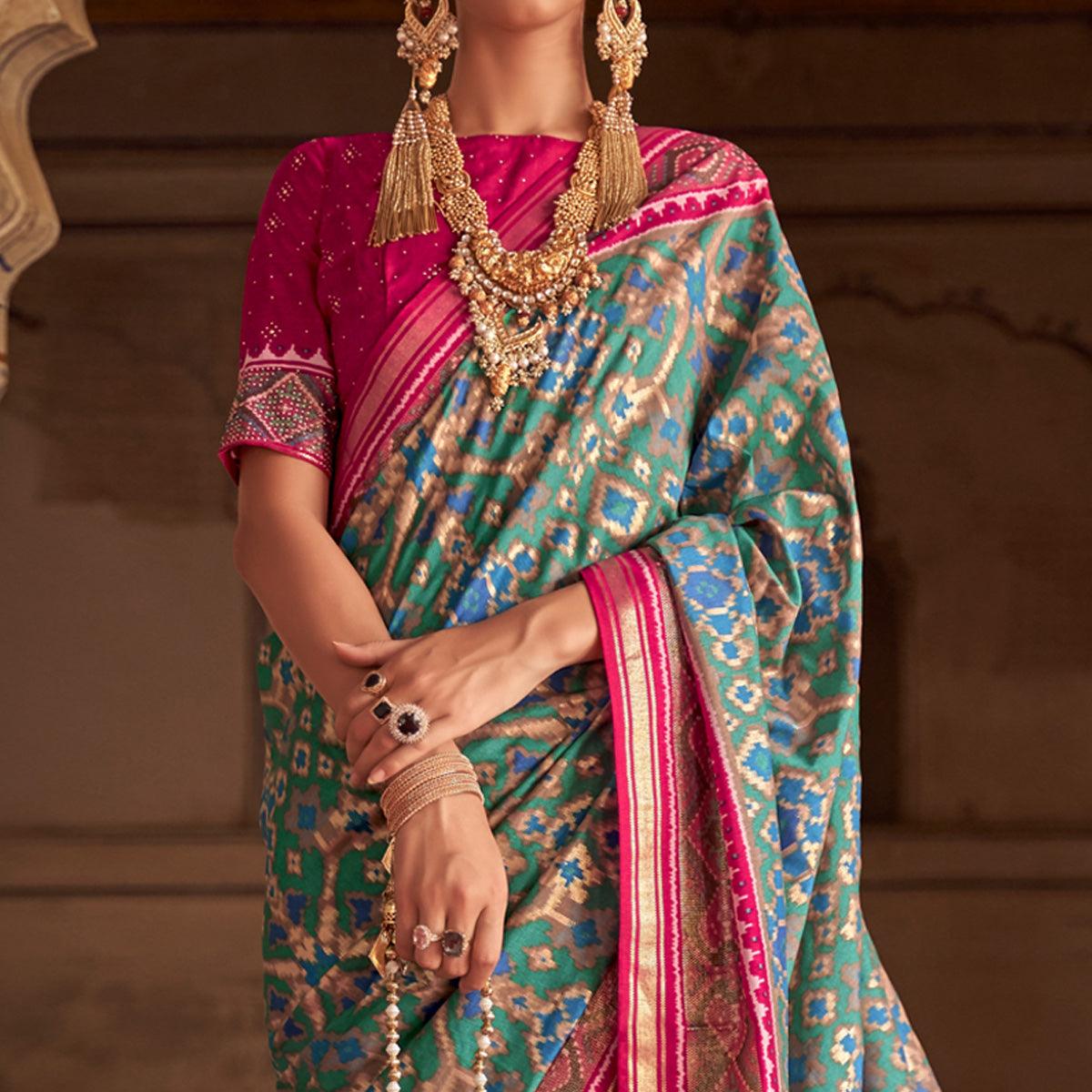 Sea Green Patola Printed Art Silk Saree - Peachmode