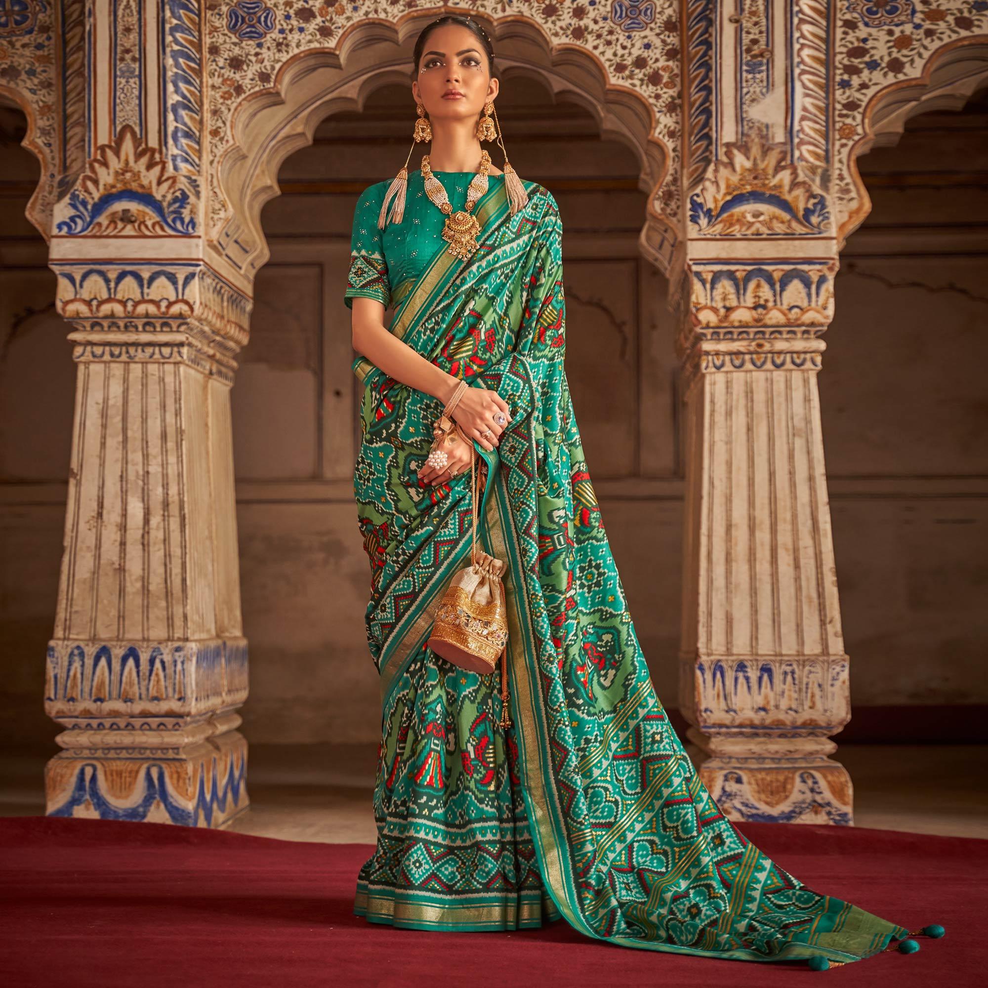 Sea Green Patola Printed Art Silk Saree - Peachmode