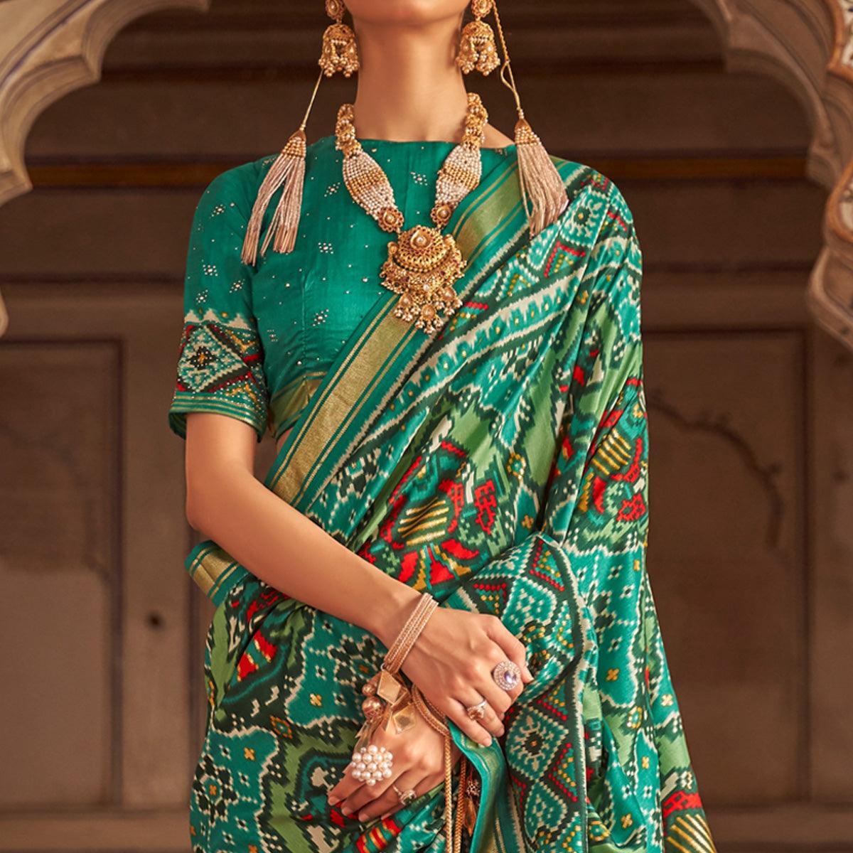 Sea Green Patola Printed Art Silk Saree - Peachmode