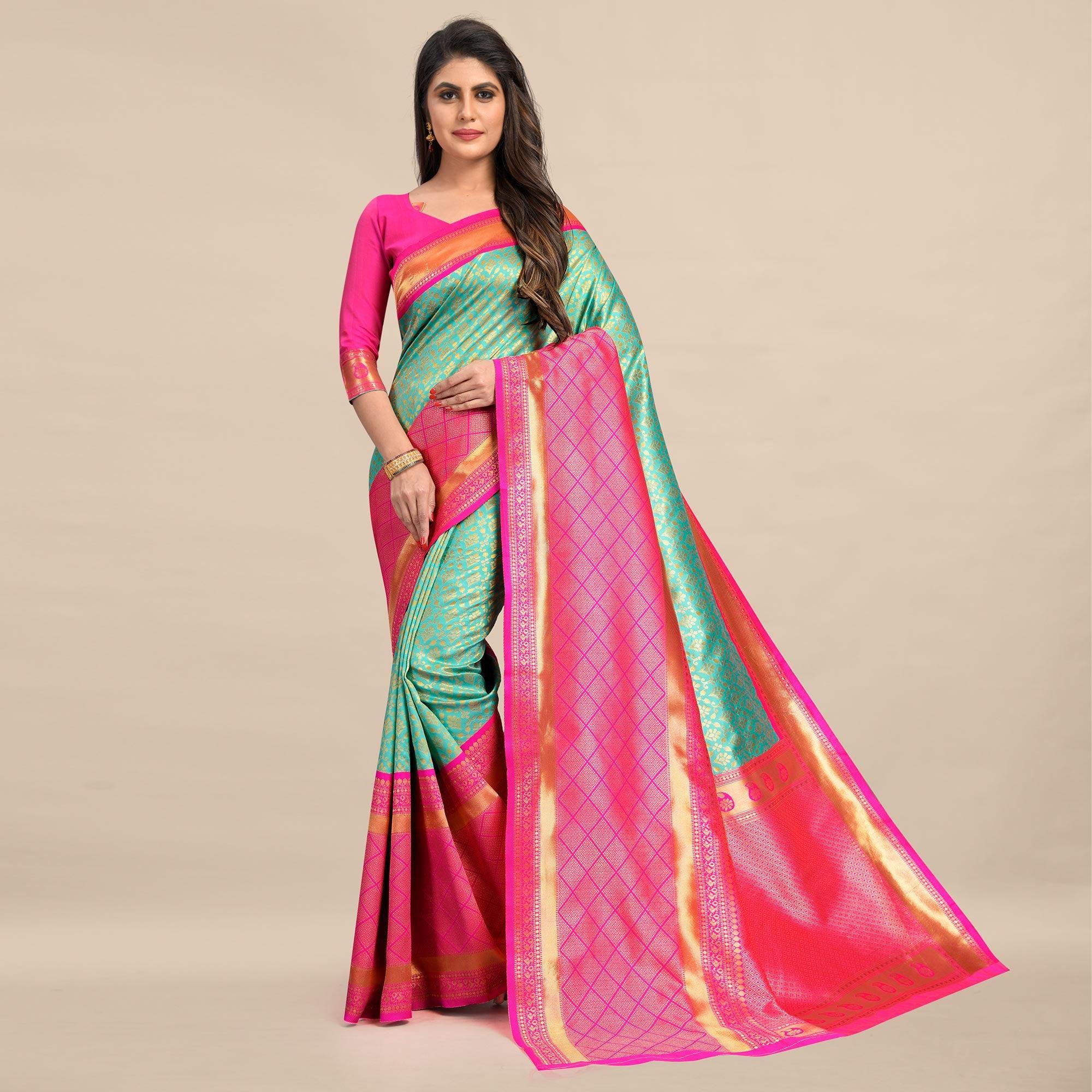 Sea Green-Pink Festive Wear Rich Woven Border Soft Banarasi Silk Saree - Peachmode
