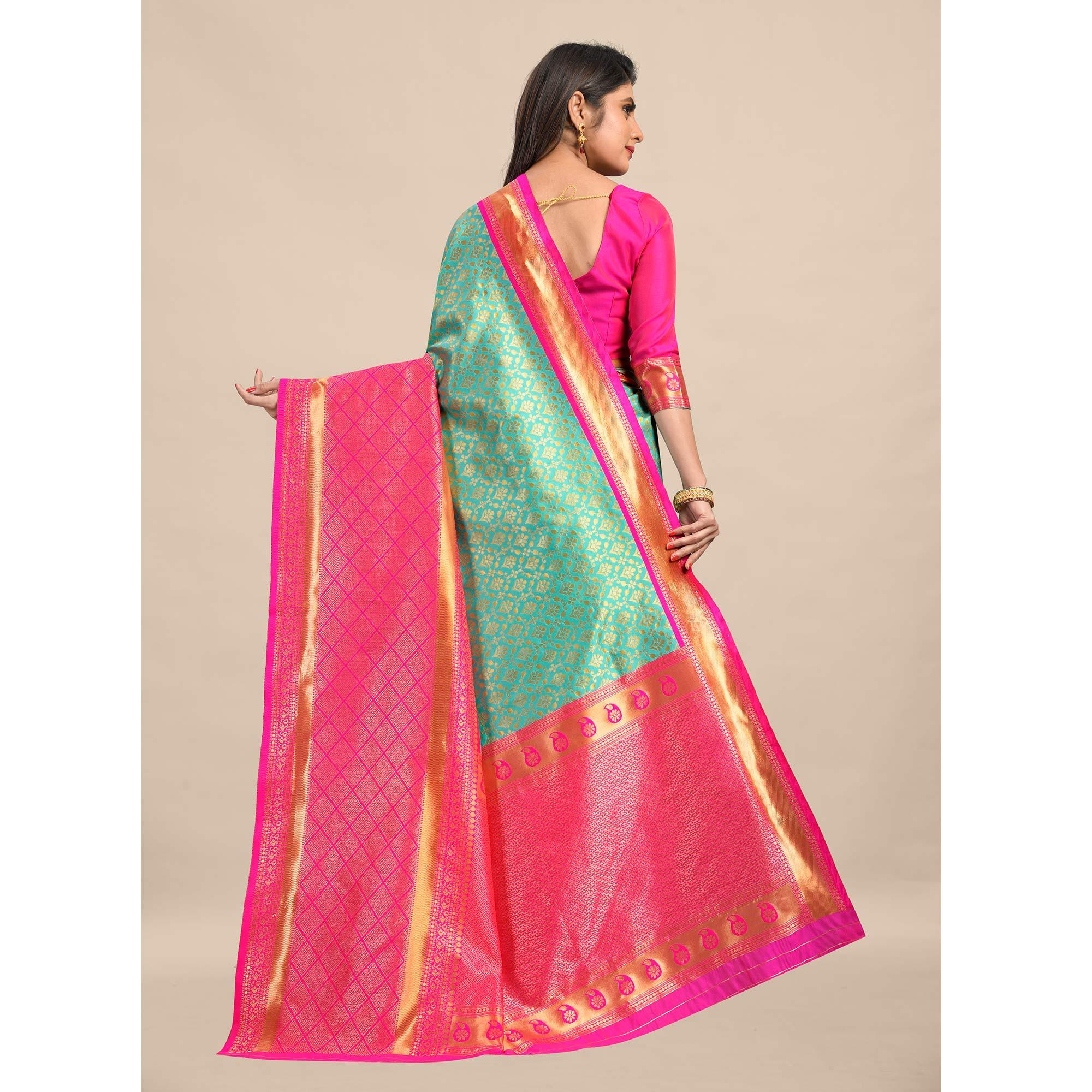 Sea Green-Pink Festive Wear Rich Woven Border Soft Banarasi Silk Saree - Peachmode