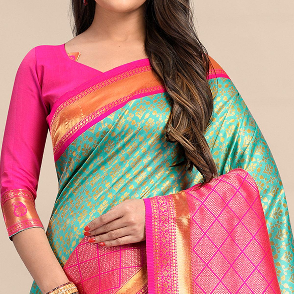 Sea Green-Pink Festive Wear Rich Woven Border Soft Banarasi Silk Saree - Peachmode