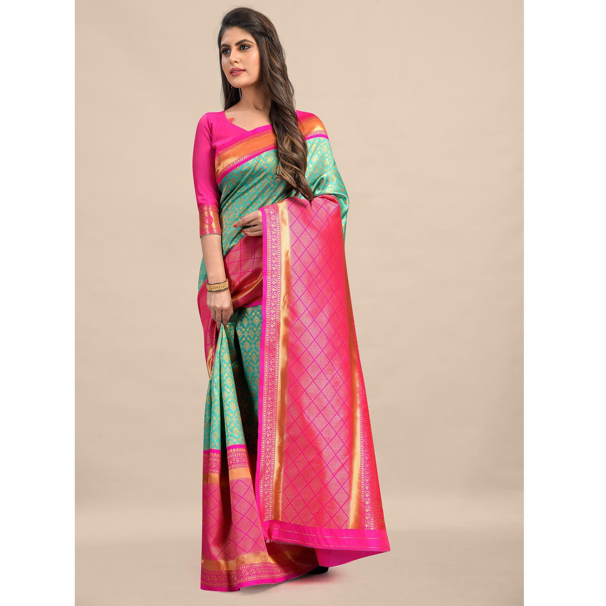 Sea Green-Pink Festive Wear Rich Woven Border Soft Banarasi Silk Saree - Peachmode