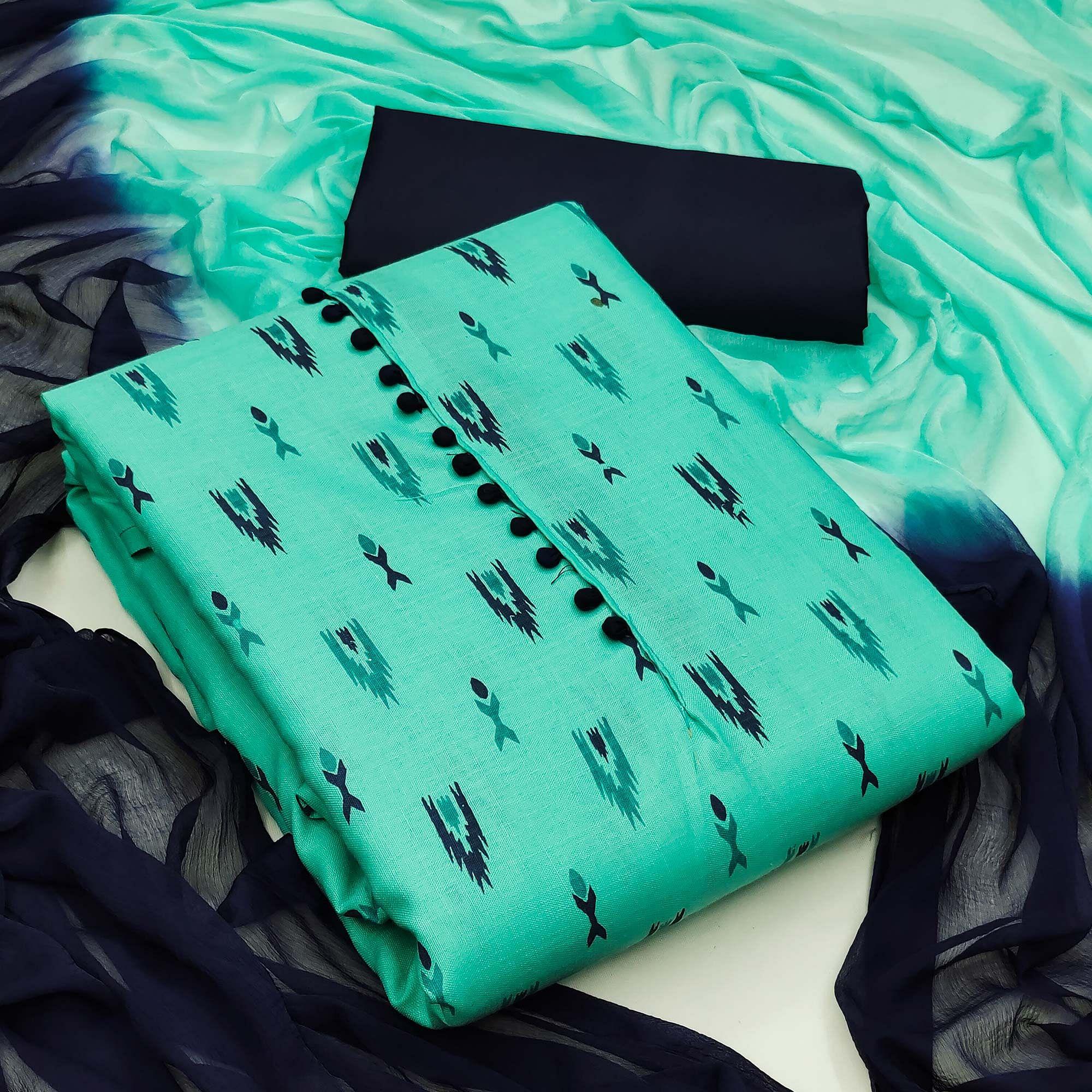 Sea Green Printed Cotton Dress Material - Peachmode