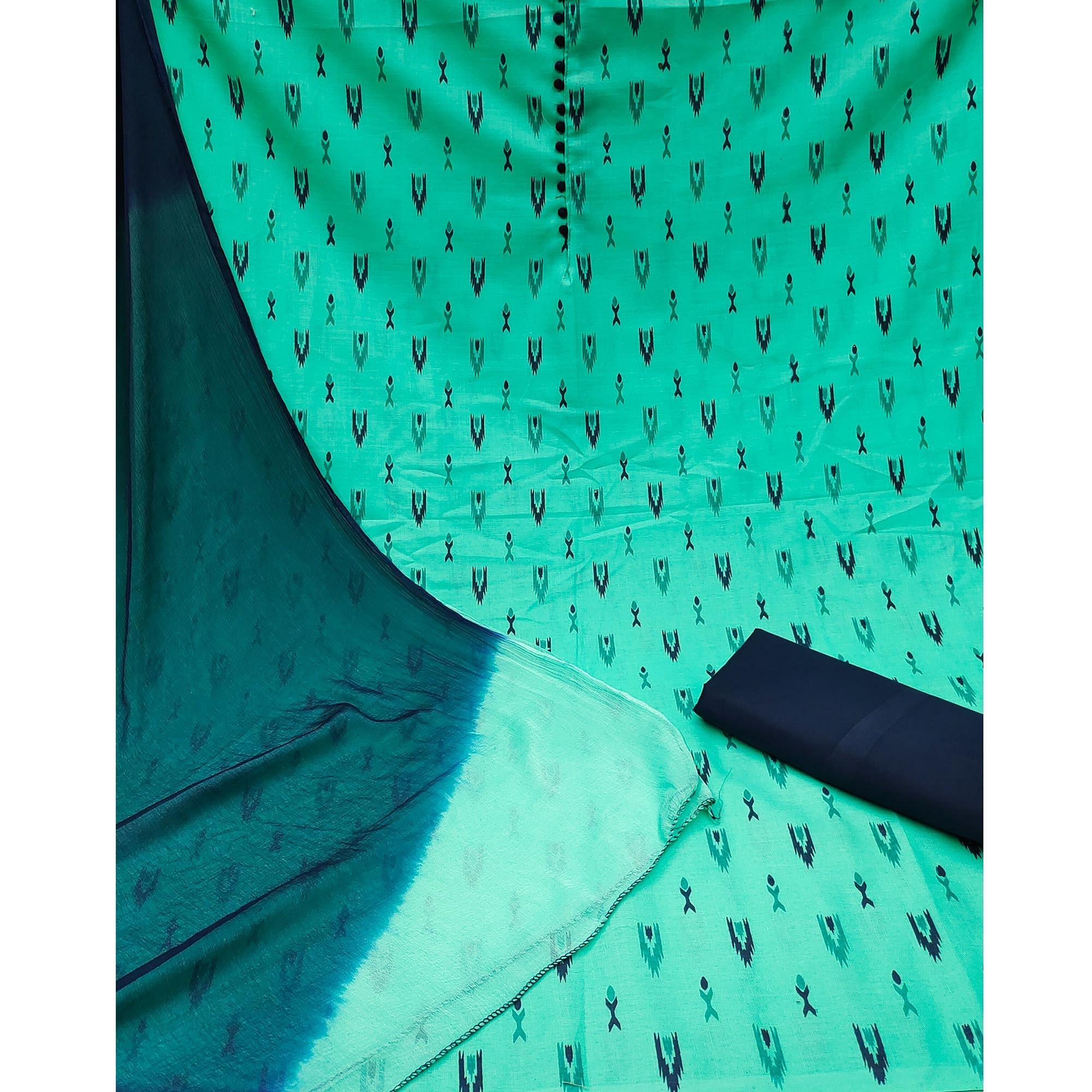 Sea Green Printed Cotton Dress Material - Peachmode