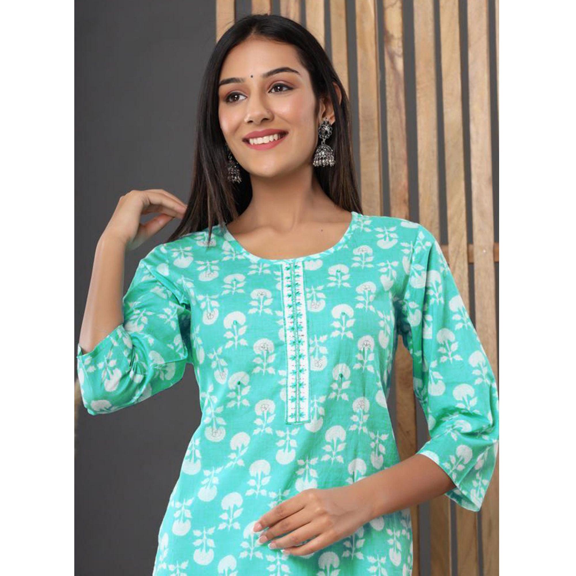 Sea Green Printed Cotton Kurti - Peachmode