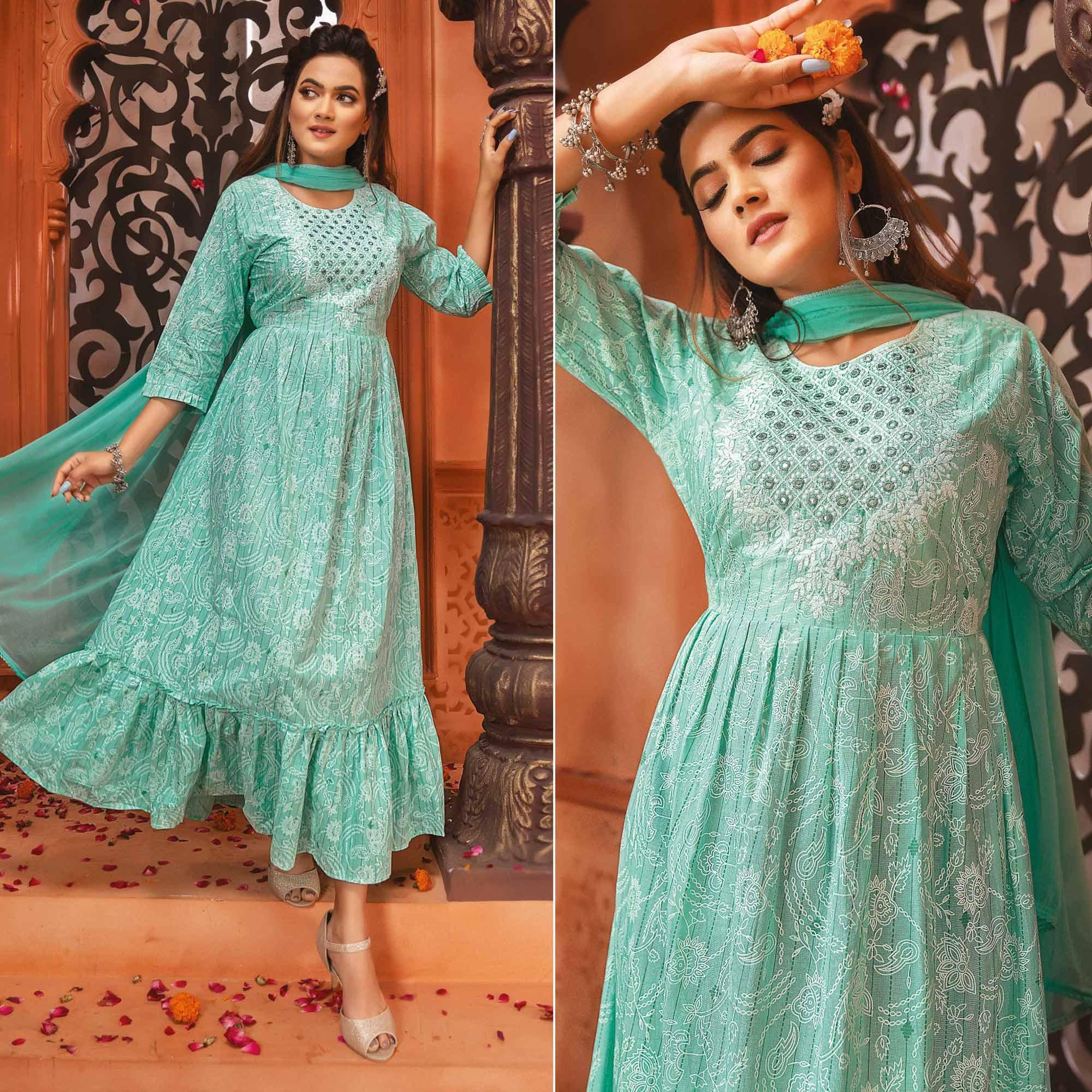 Sea Green Printed-Embroidered Poly Cotton Gown With Dupatta - Peachmode