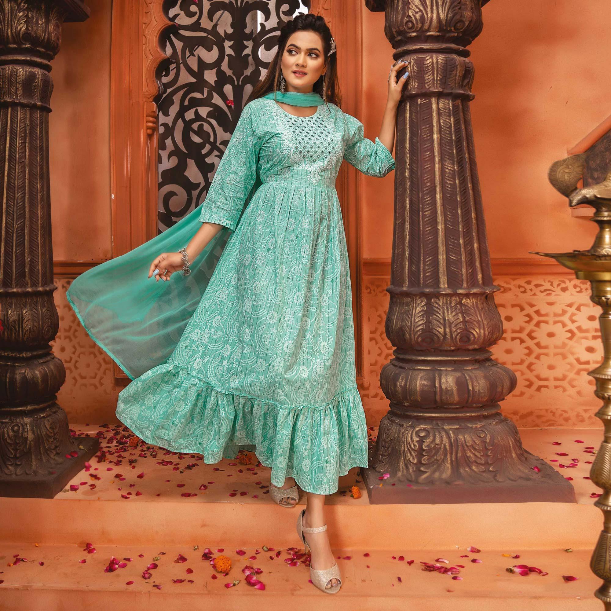 Sea Green Printed-Embroidered Poly Cotton Gown With Dupatta - Peachmode